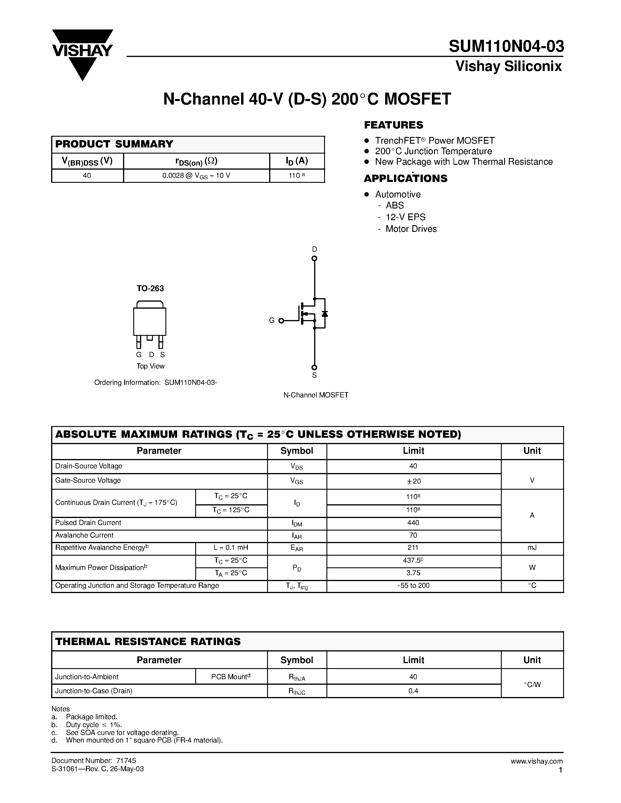 Даташит SUM110N04-03 - N-Channel 40-V (D-S) 200C MOSFET страница 1