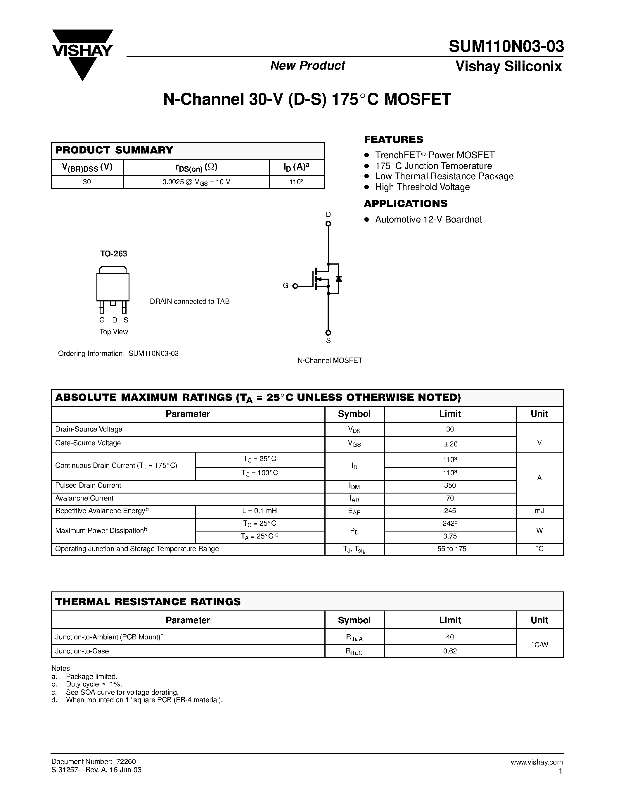 Даташит SUM110N03-03 - N-Channel 30-V (D-S) 175C MOSFET страница 1