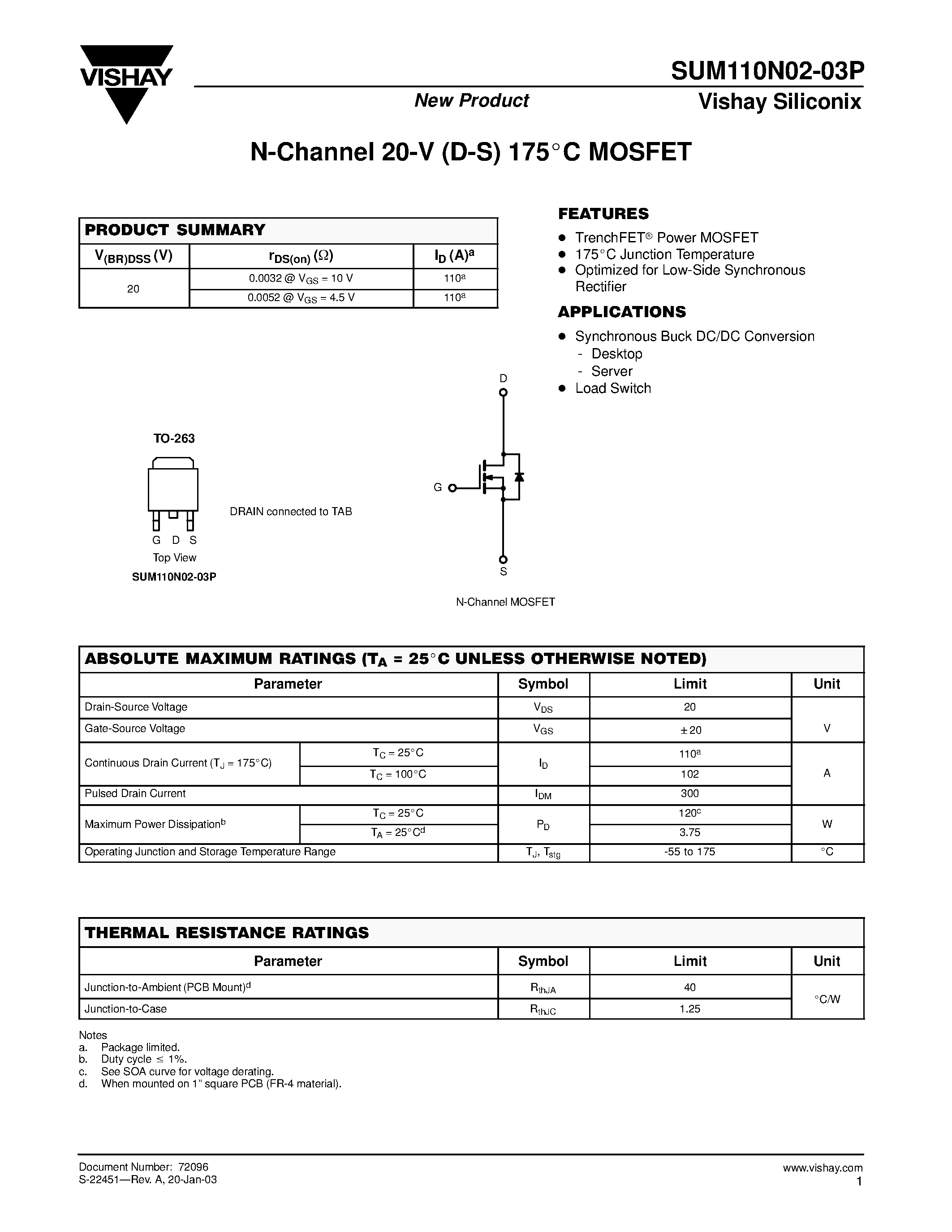 Datasheet SUM110N02-03P - N-Channel 20-V (D-S) 175 C MOSFET page 1