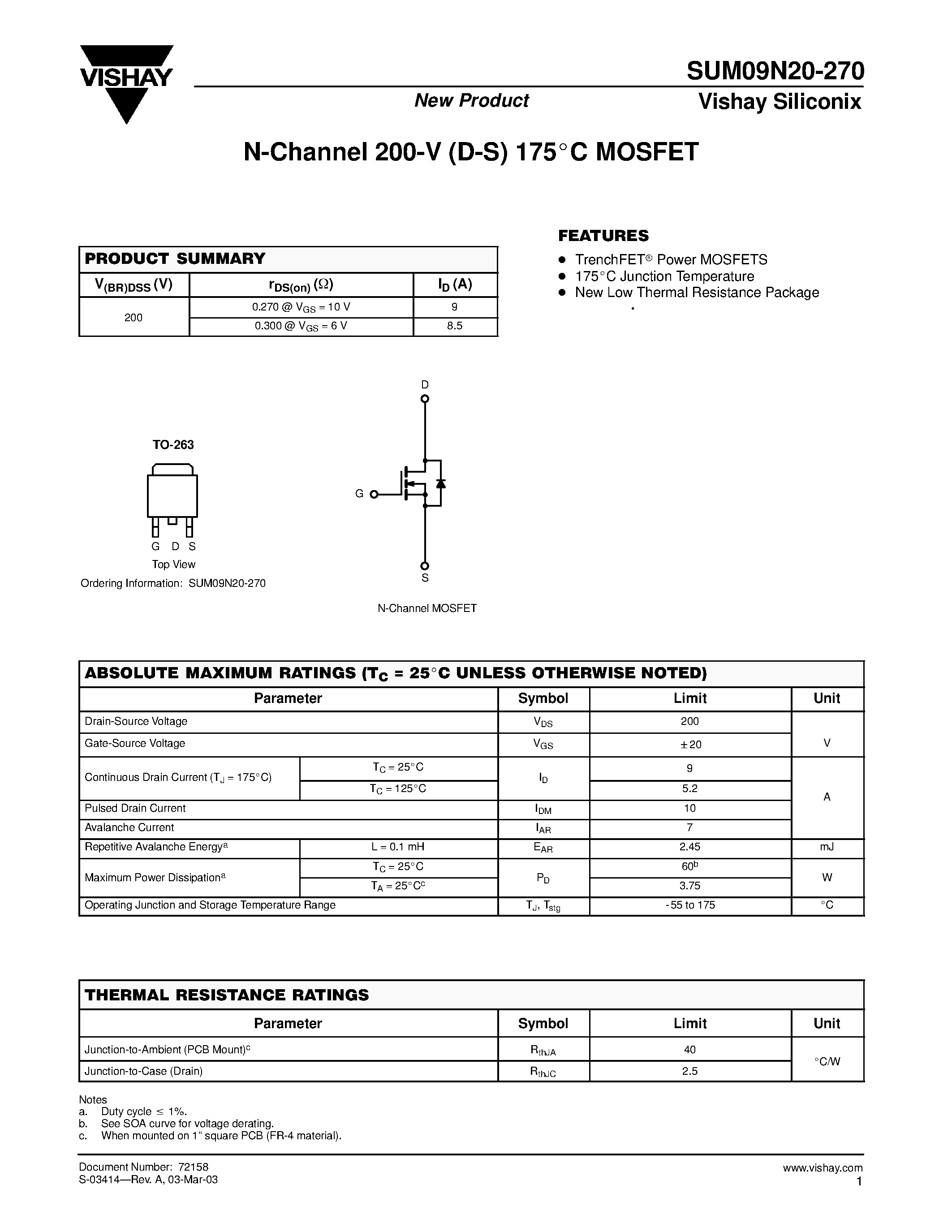 Даташит SUM09MN20-270 - N-Channel 200-V (D-S) 175C MOSFET страница 1