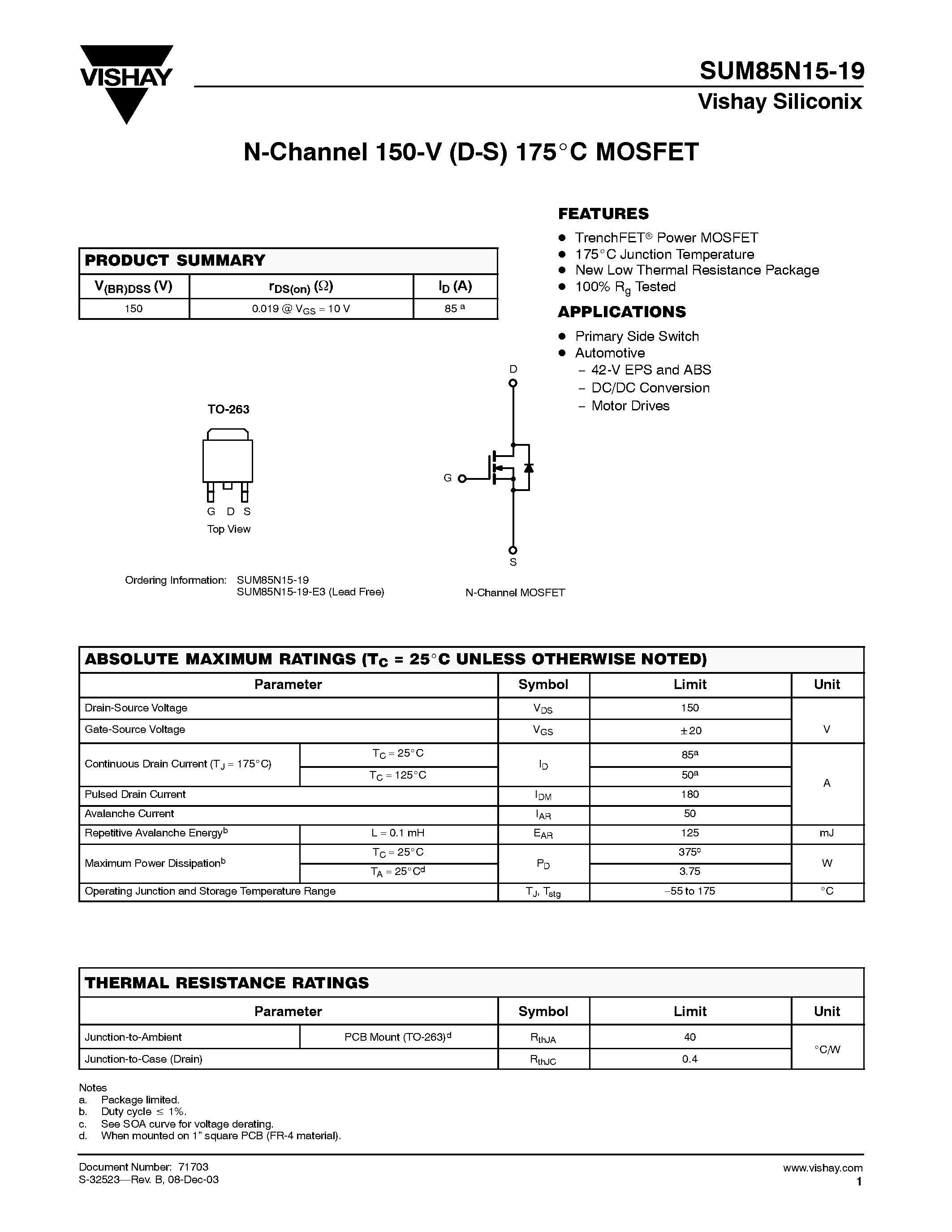 Даташит SUM85N15-19 - N-Channel 150-V (D-S) 175 C MOSFET страница 1