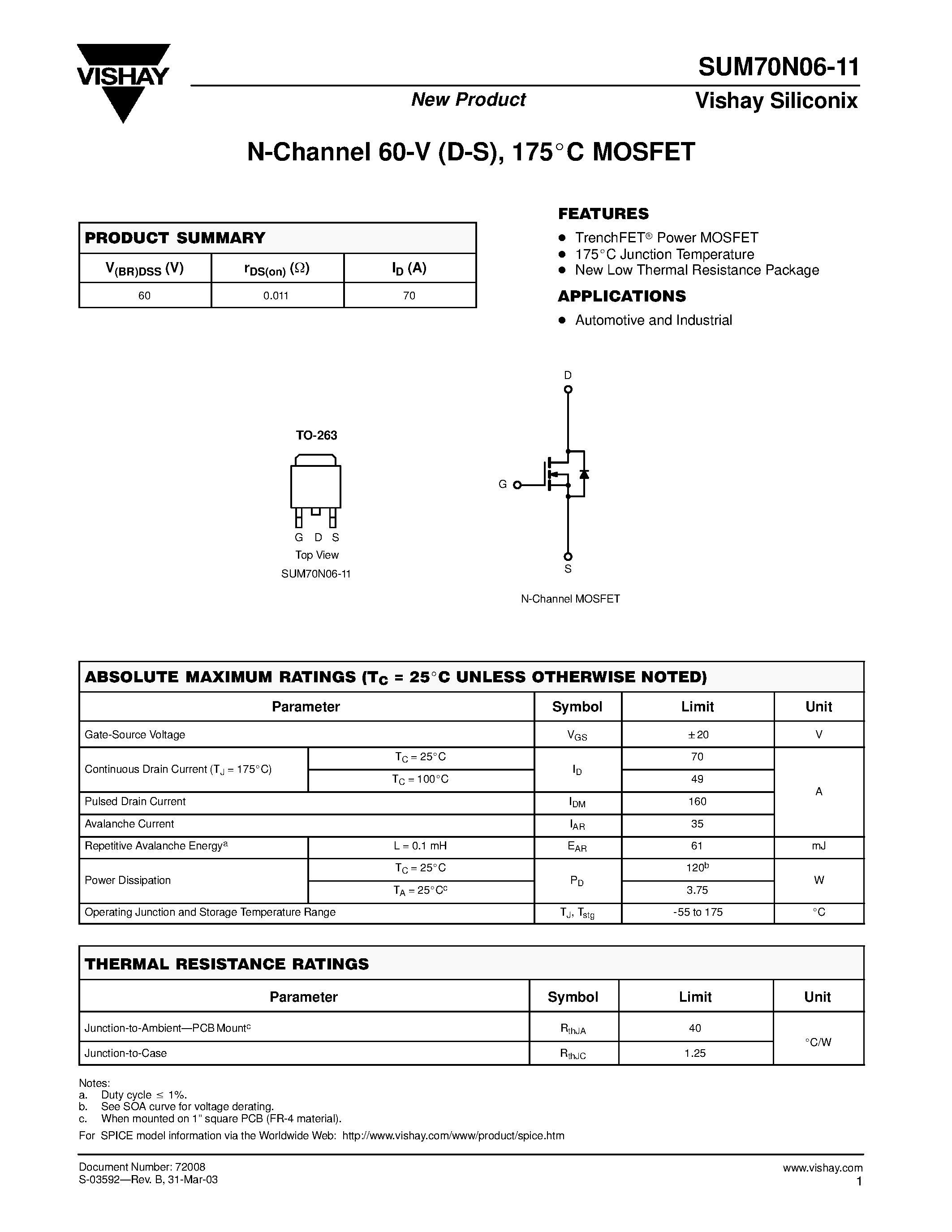 Datasheet SUM70N06-11 - N-Channel 60-V (D-S) 175 C MOSFET page 1