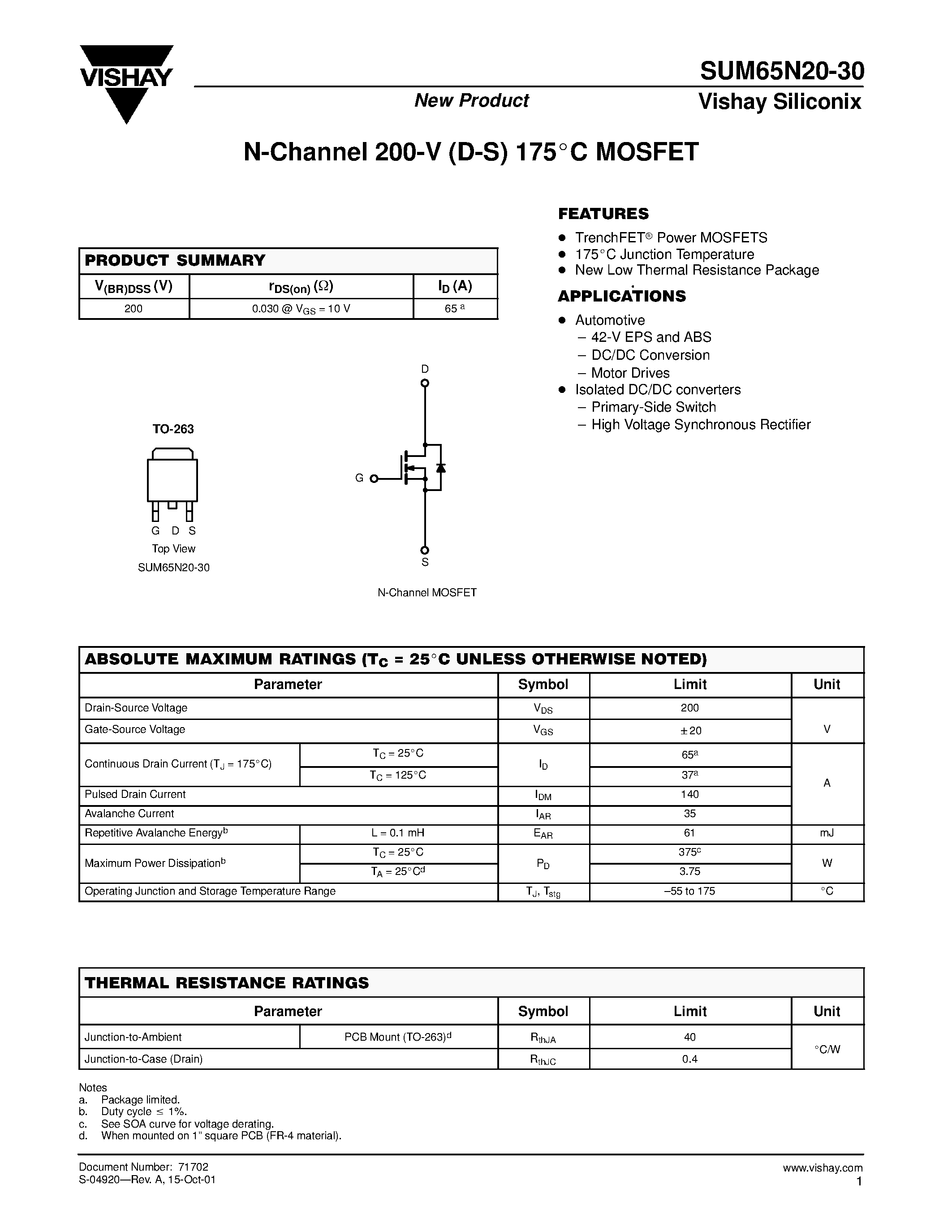 Даташит SUM65N20-30 - N-Channel 200-V (D-S) 175C MOSFET страница 1