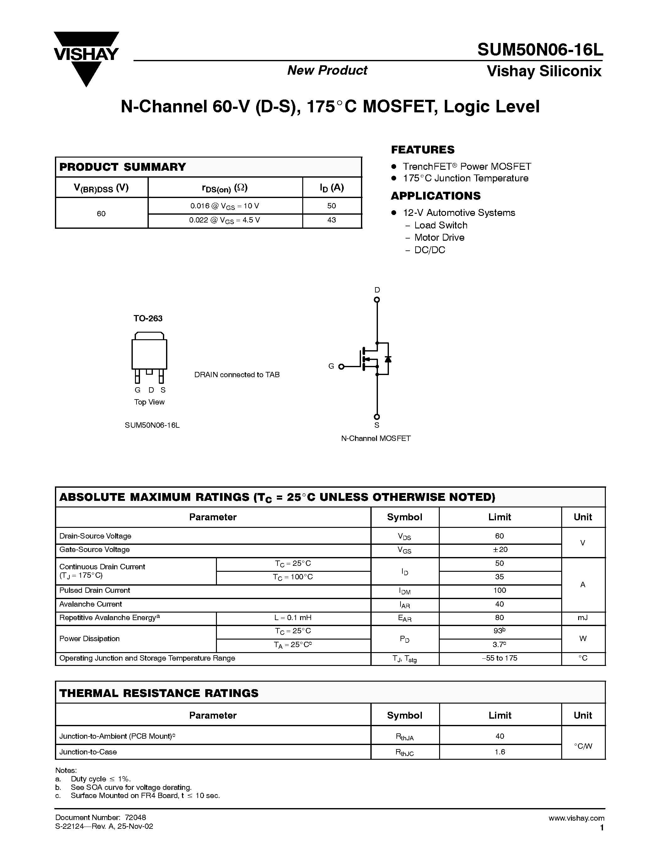 Даташит SUM50N06-16L - N-Channel 60-V (D-S) 175C MOSFET / Logic Level страница 1