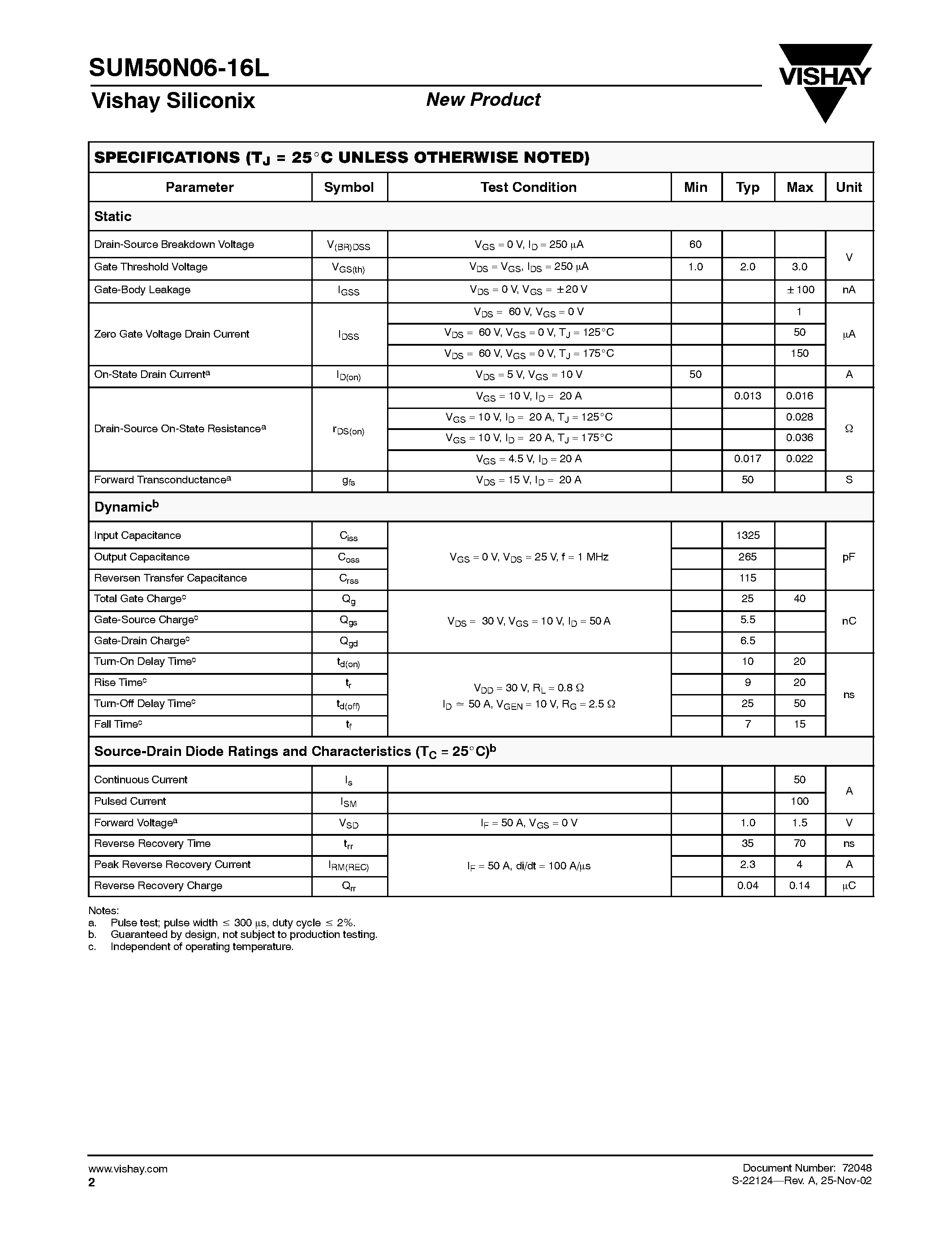 Даташит SUM50N06-16L - N-Channel 60-V (D-S) 175C MOSFET / Logic Level страница 2