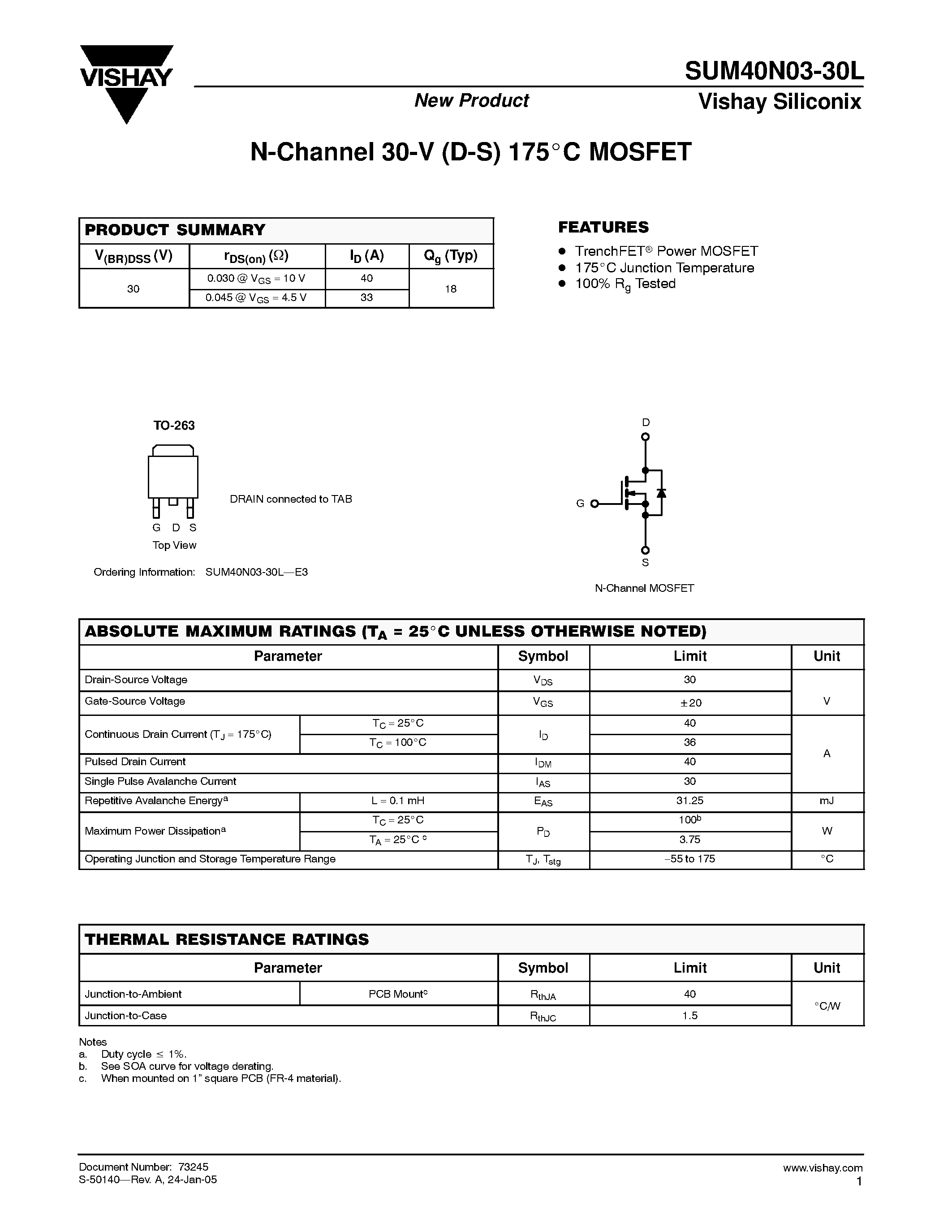 Даташит SUM40N03-30L - N-Channel 30-V (D-S) 175C MOSFET страница 1