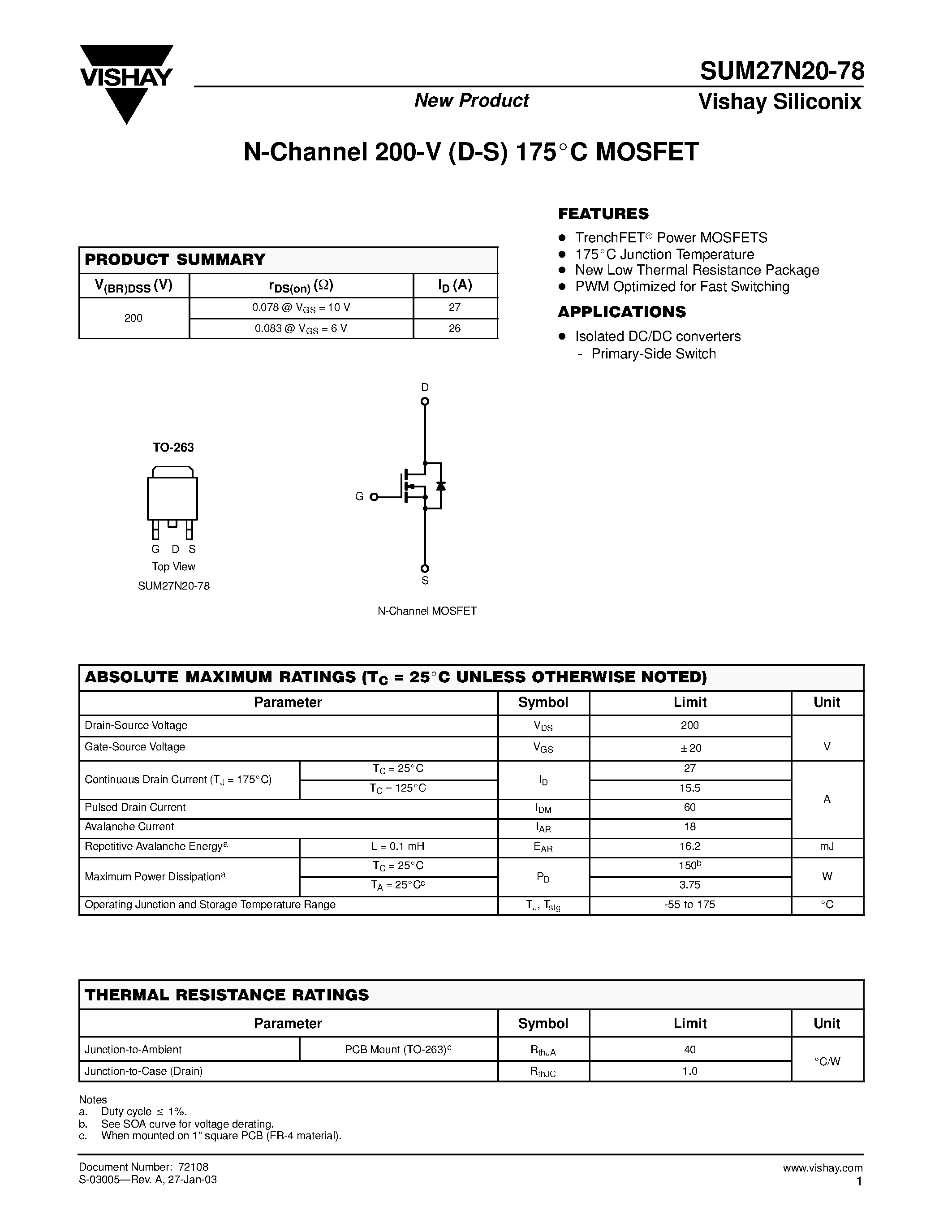Даташит SUM27N20-78 - N-Channel 200-V (D-S) 175C MOSFET страница 1