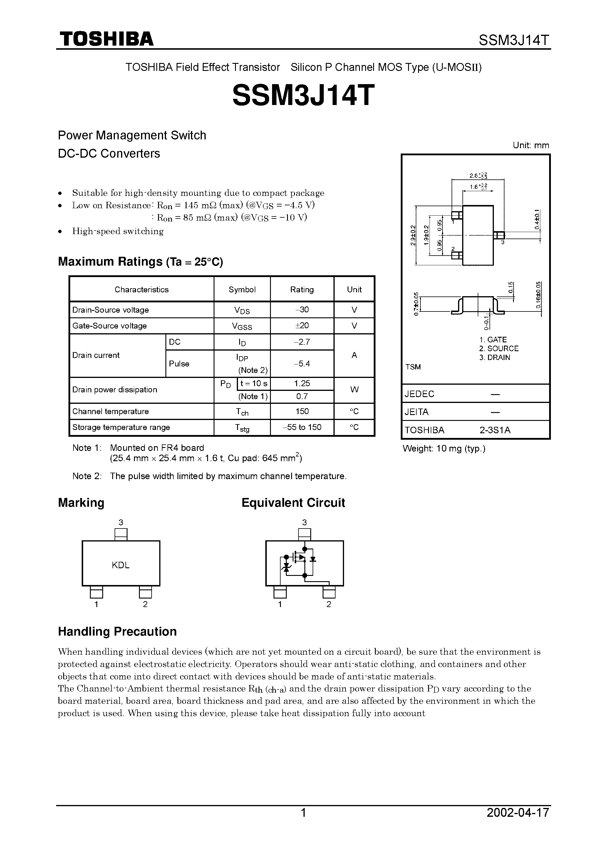 Datasheet SSM3J14T - TOSHIBA Field Effect Transistor Silicon P Channel MOS Type (U-MOSII) page 1