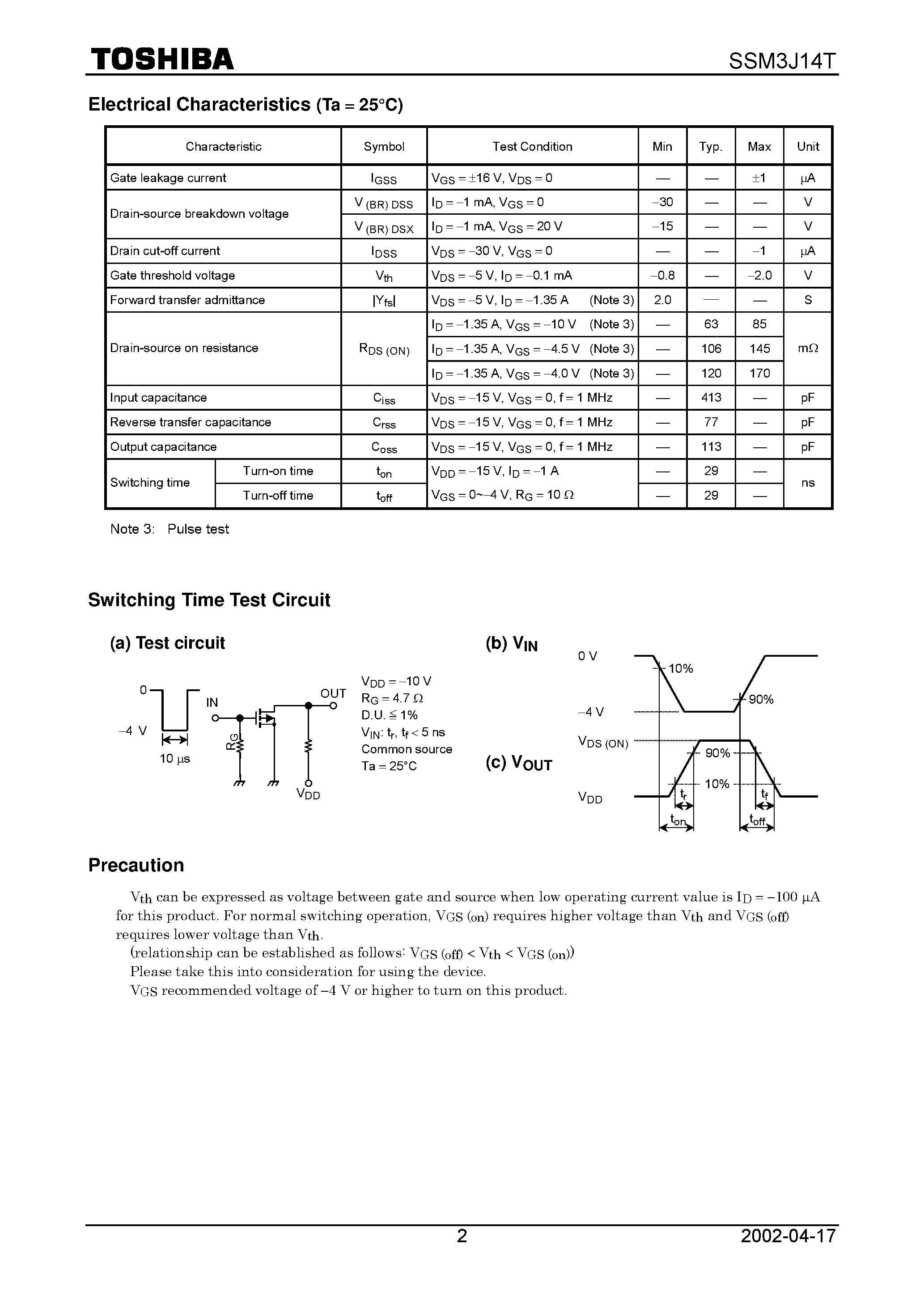 Datasheet SSM3J14T - TOSHIBA Field Effect Transistor Silicon P Channel MOS Type (U-MOSII) page 2