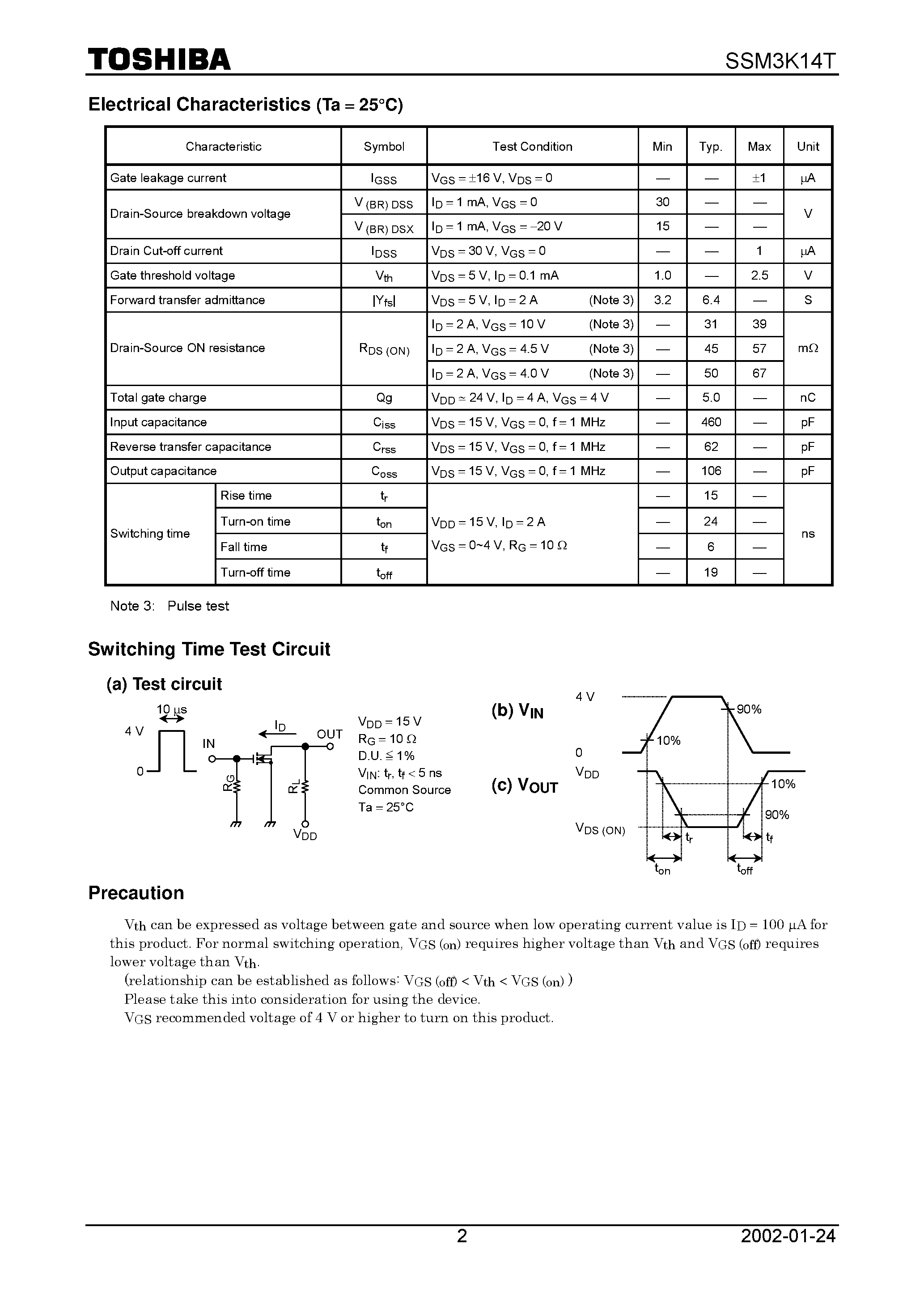 Datasheet SSM3K14T - TOSHIBA Field Effect Transistor Silicon N Channel MOS Type (U-MOSII) page 2