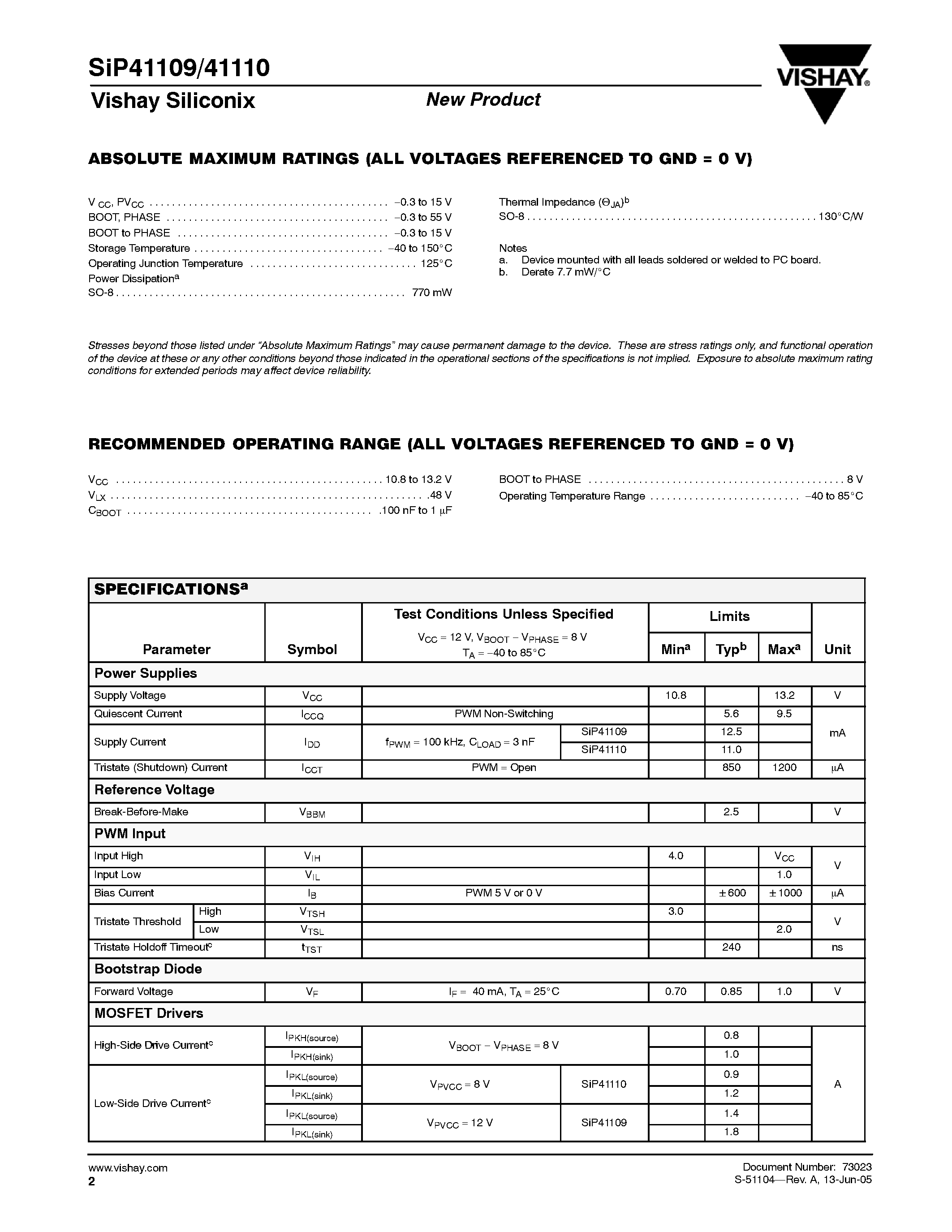 Datasheet SIP41109 - (SIP41109 / SIP41110) Half-Bridge N-Channel MOSFET Driver for DC/DC Conversion page 2