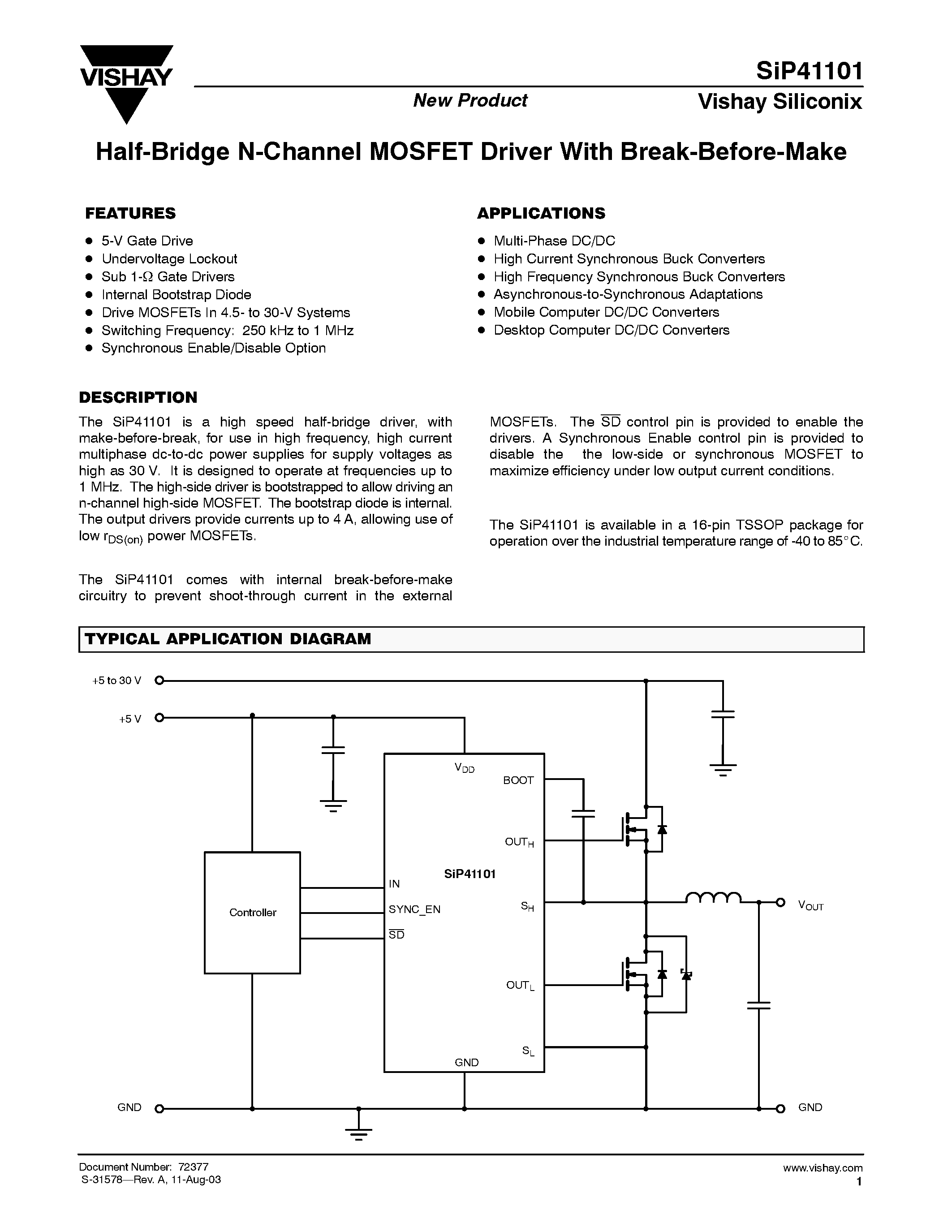 Datasheet SIP41101 - Half-Bridge N-Channel MOSFET Driver With Break-Before-Make page 1