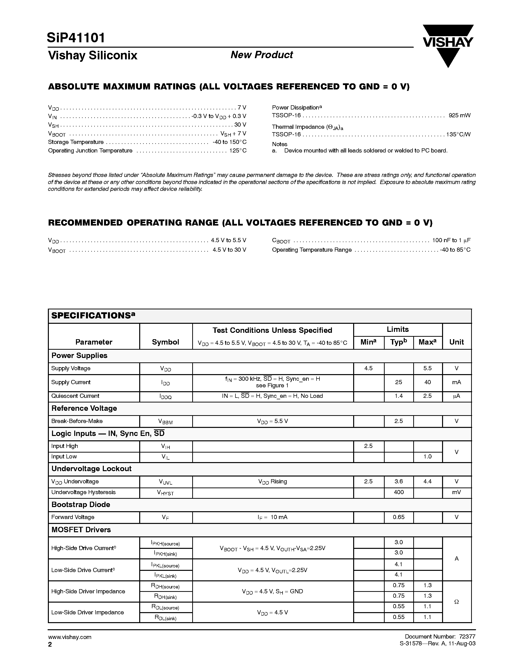 Datasheet SIP41101 - Half-Bridge N-Channel MOSFET Driver With Break-Before-Make page 2