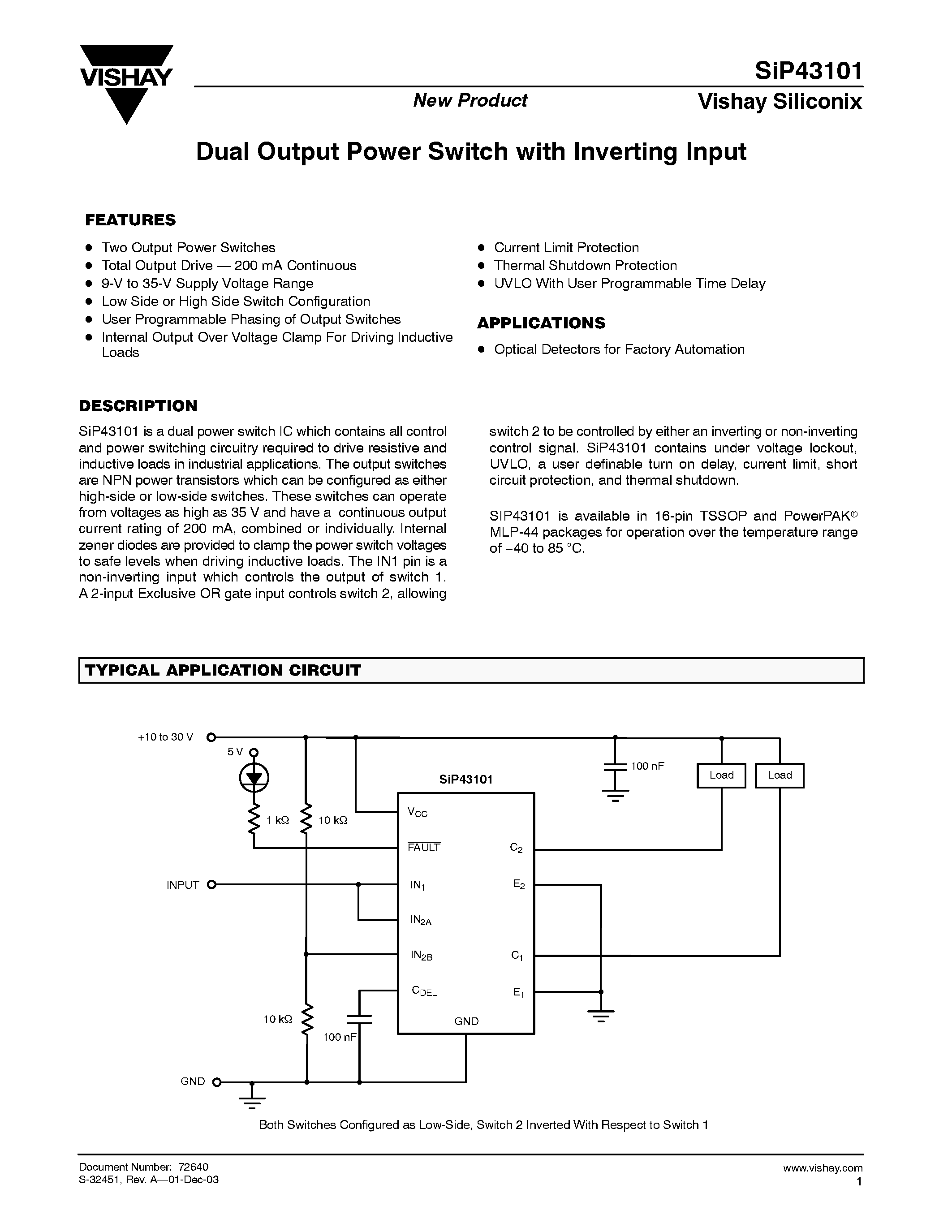 Datasheet SIP43101 - Dual Output Power Switch with Inverting Input page 1