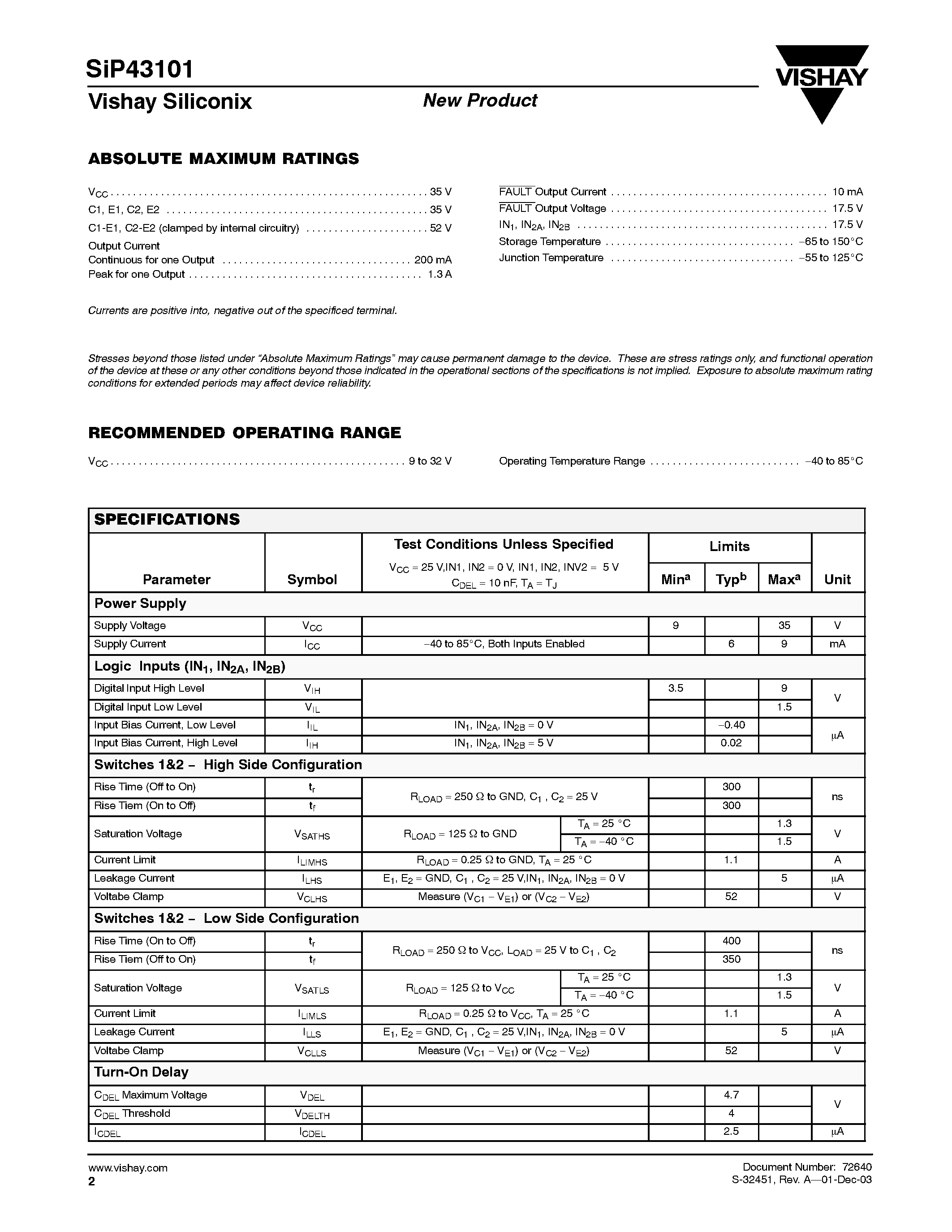 Datasheet SIP43101 - Dual Output Power Switch with Inverting Input page 2