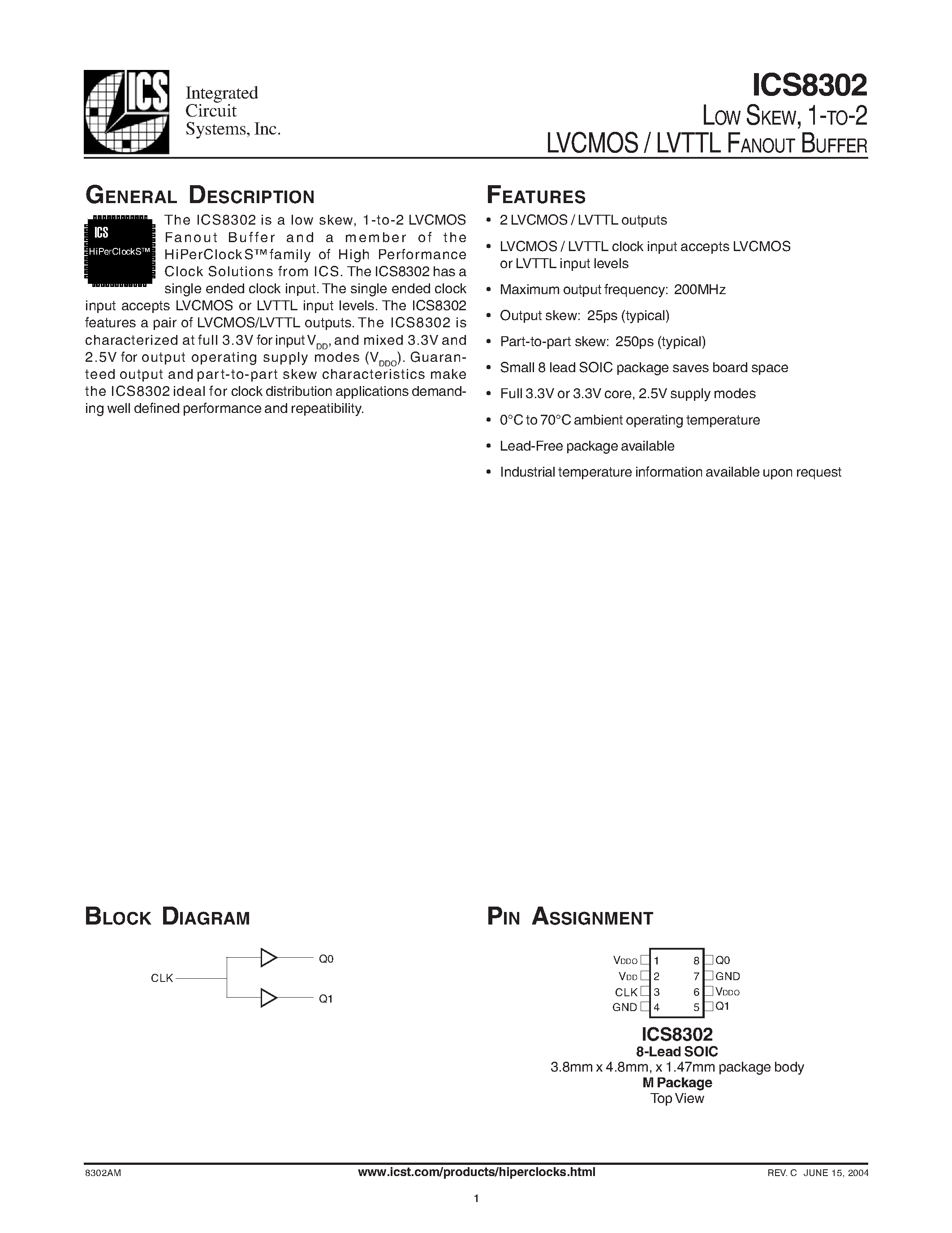 Datasheet ICS8302 - LOW SKEW 1-TO-2 LVCMOS / LVTTL FANOUT BUFFER page 1