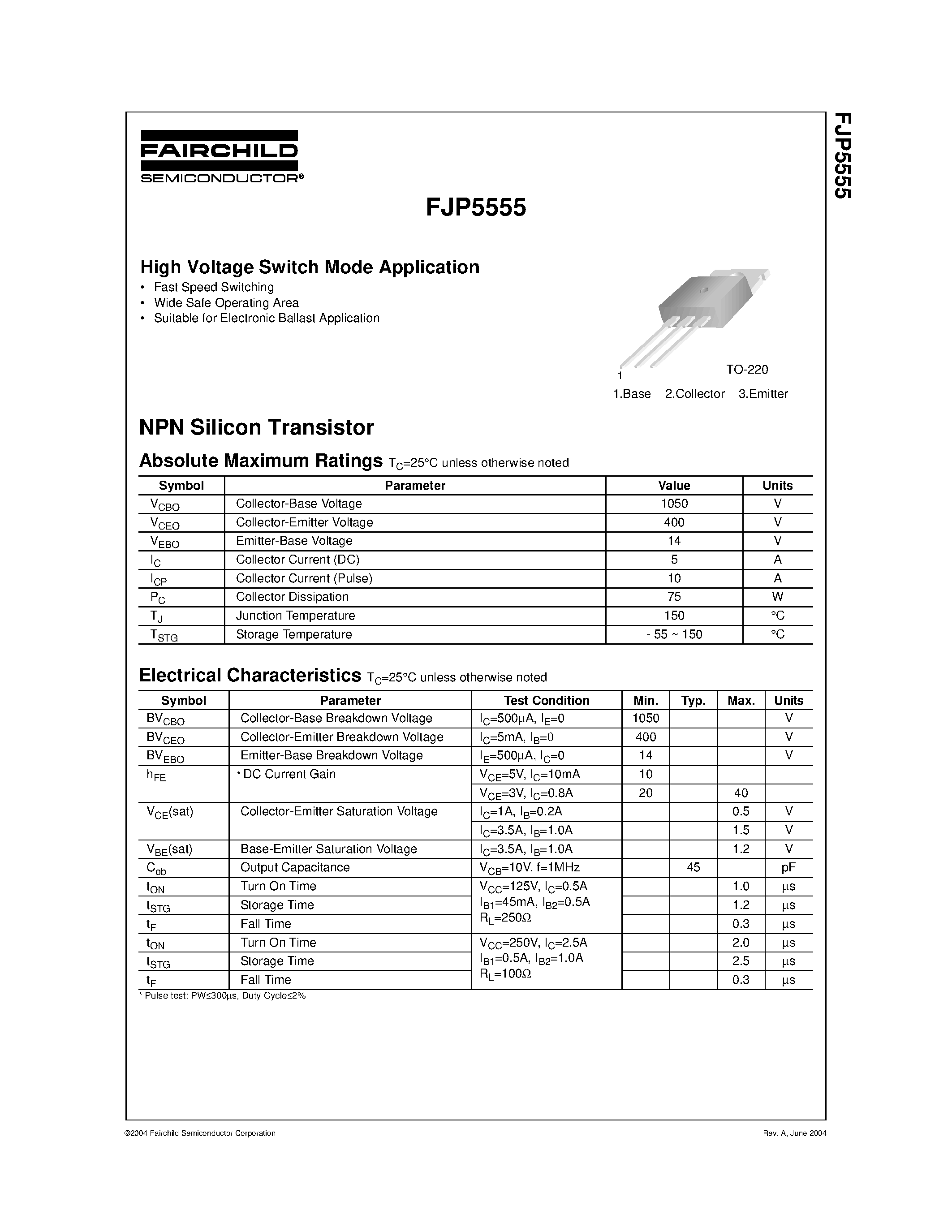 Даташит на микросхему FJP5555 страница 1 Даташит FJP5555 - High Voltage Switch Mode Application страница 1