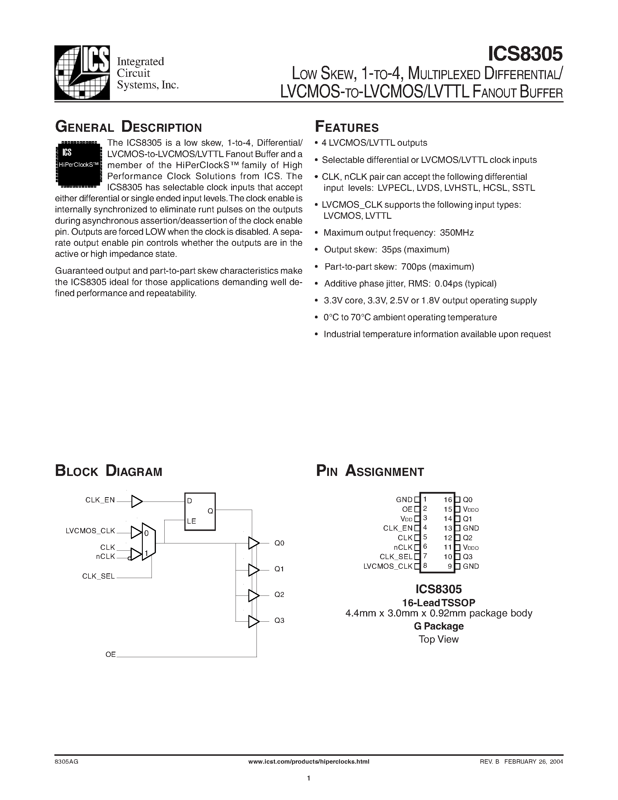 Datasheet ICS8305 - LOW SKEW / 1-TO-4 / MULTIPLEXED DIFFERENTIAL/ LVCMOS-TO-LVCMOS/LVTTL FANOUT BUFFER page 1