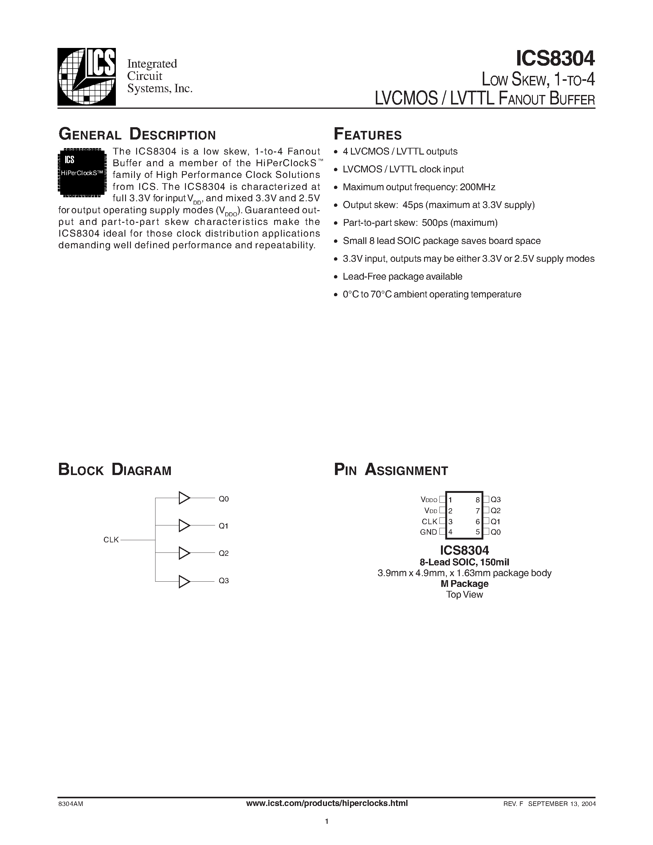 Datasheet ICS8304 - LOW SKEW / 1-TO-4 LVCMOS / LVTTL FANOUT BUFFER page 1