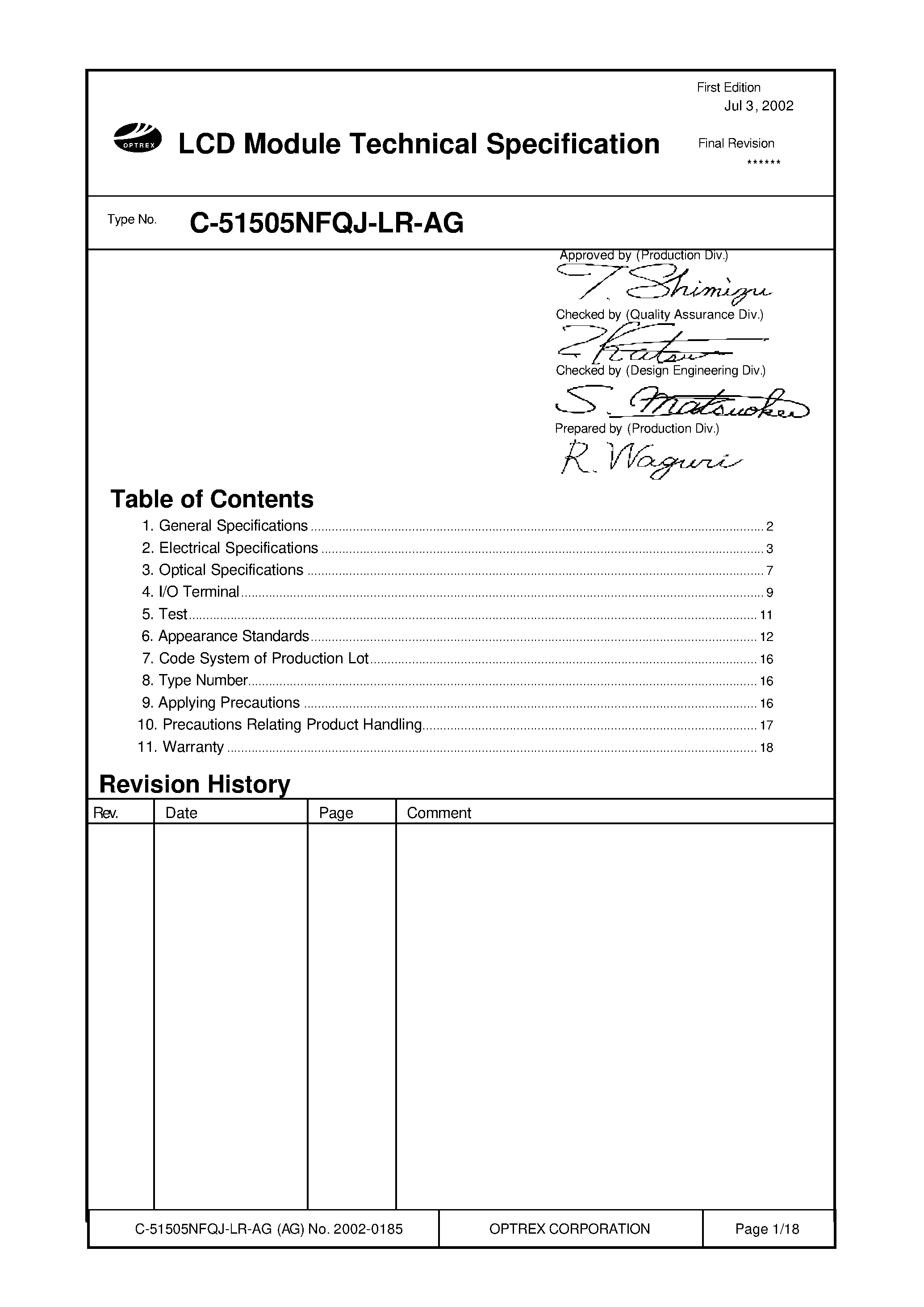 Даташит C-51505NJQJ-LR-AG - LCD Module Technical Specification страница 1