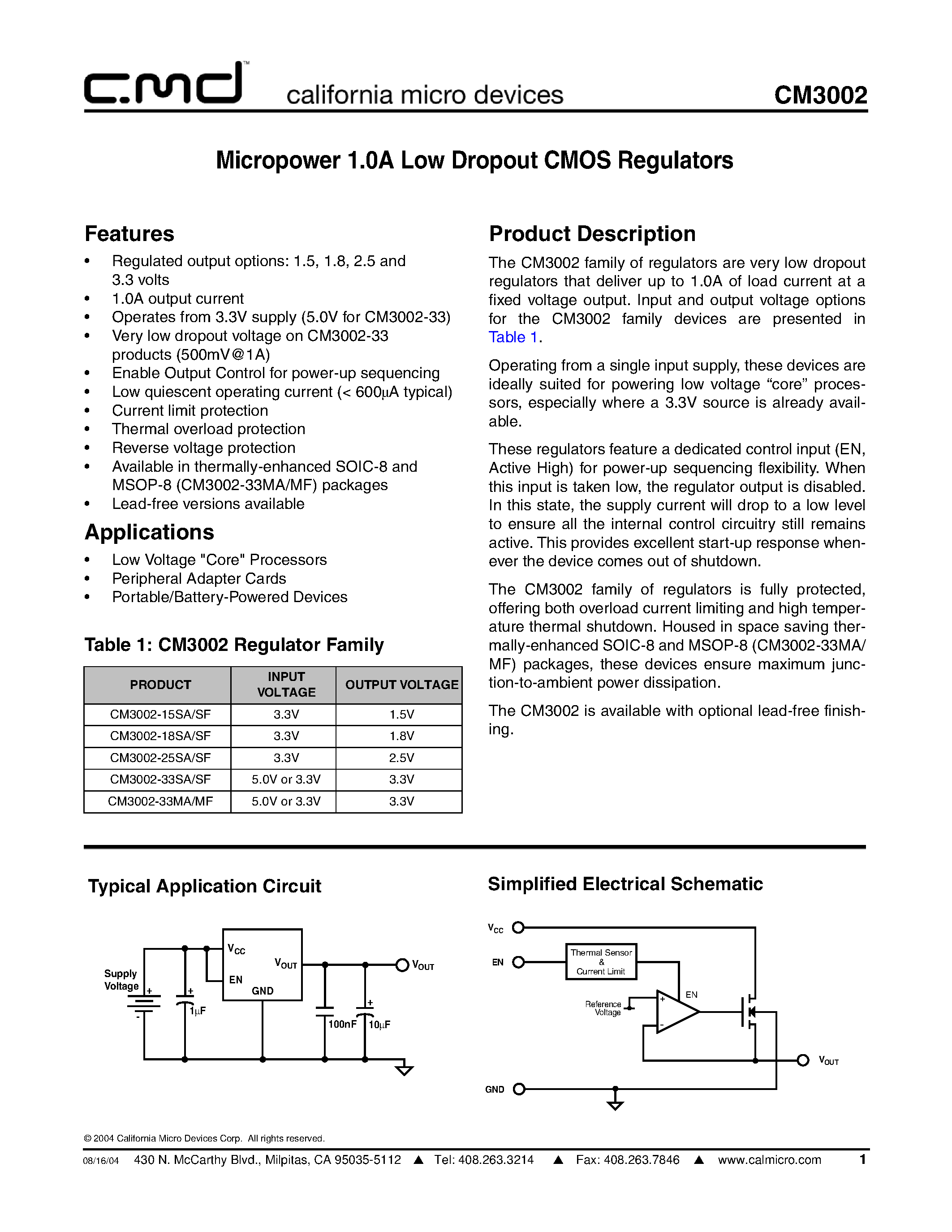 Даташит на микросхему CM3002 страница 1 Даташит CM3002 - Micropower 1.0A Low Dropout CMOS Regulators страница 1