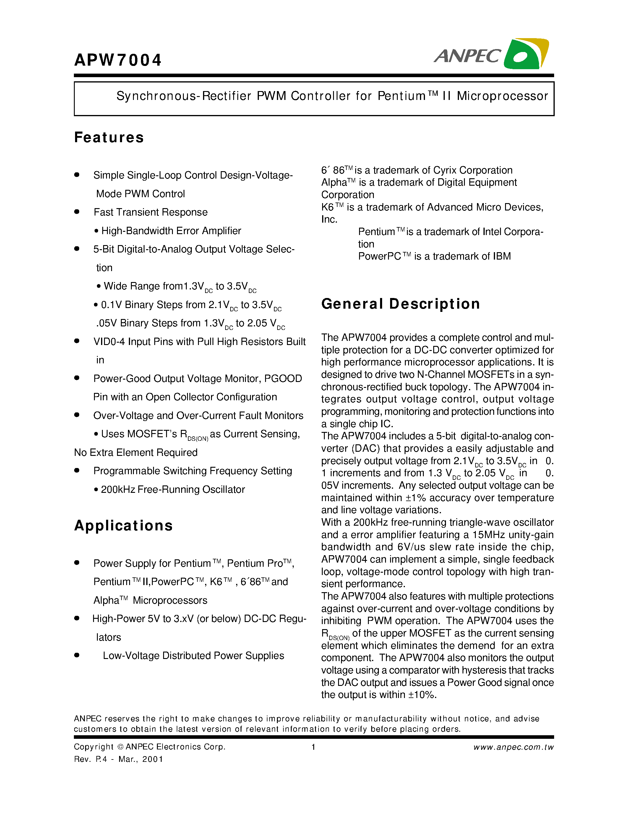 Datasheet APW7004 - Synchronous-Rectifier PWM Controller for Pentium II Microprocessor page 1