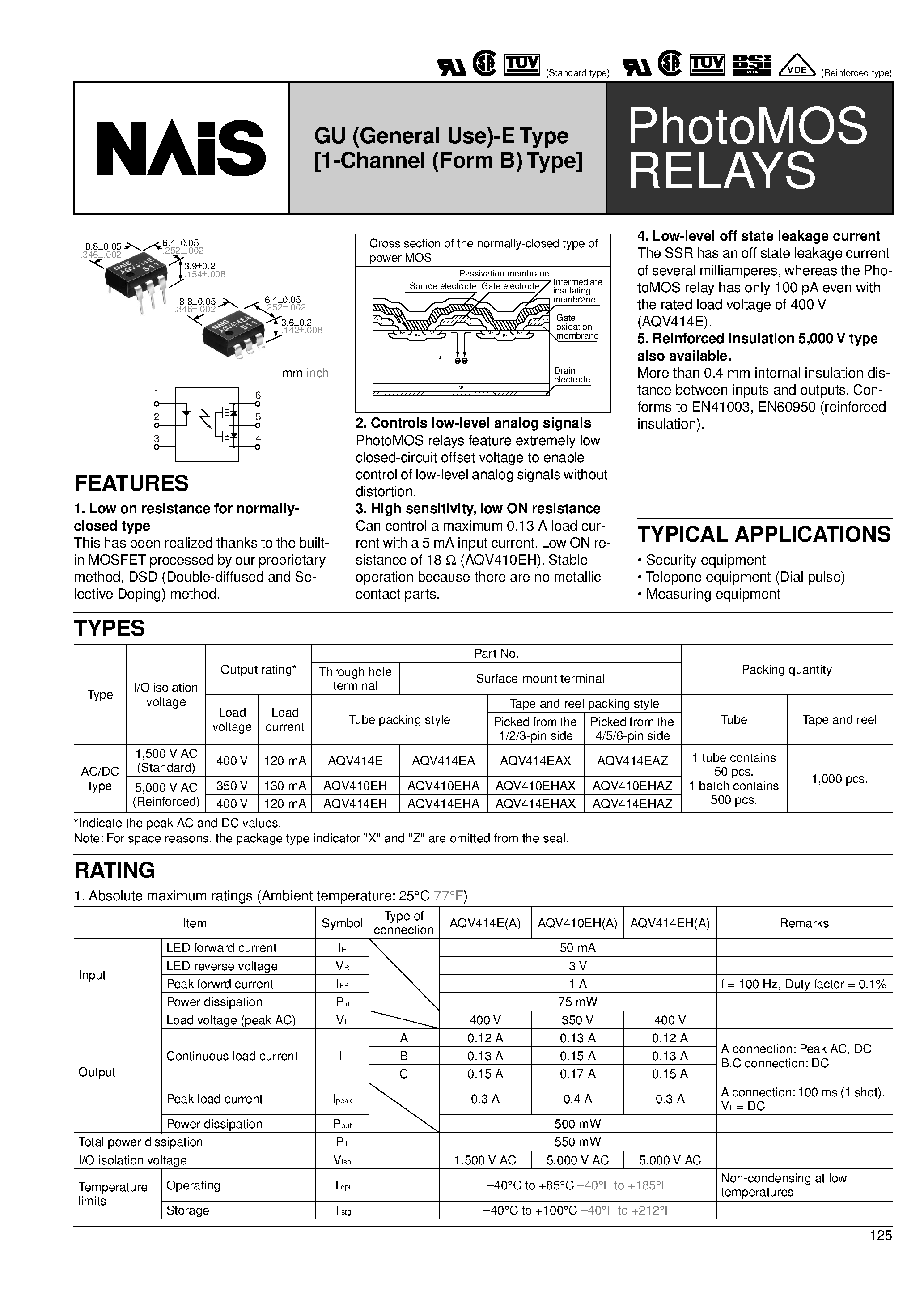 Datasheet AQV410 - PhotoMOS RELAYS page 1