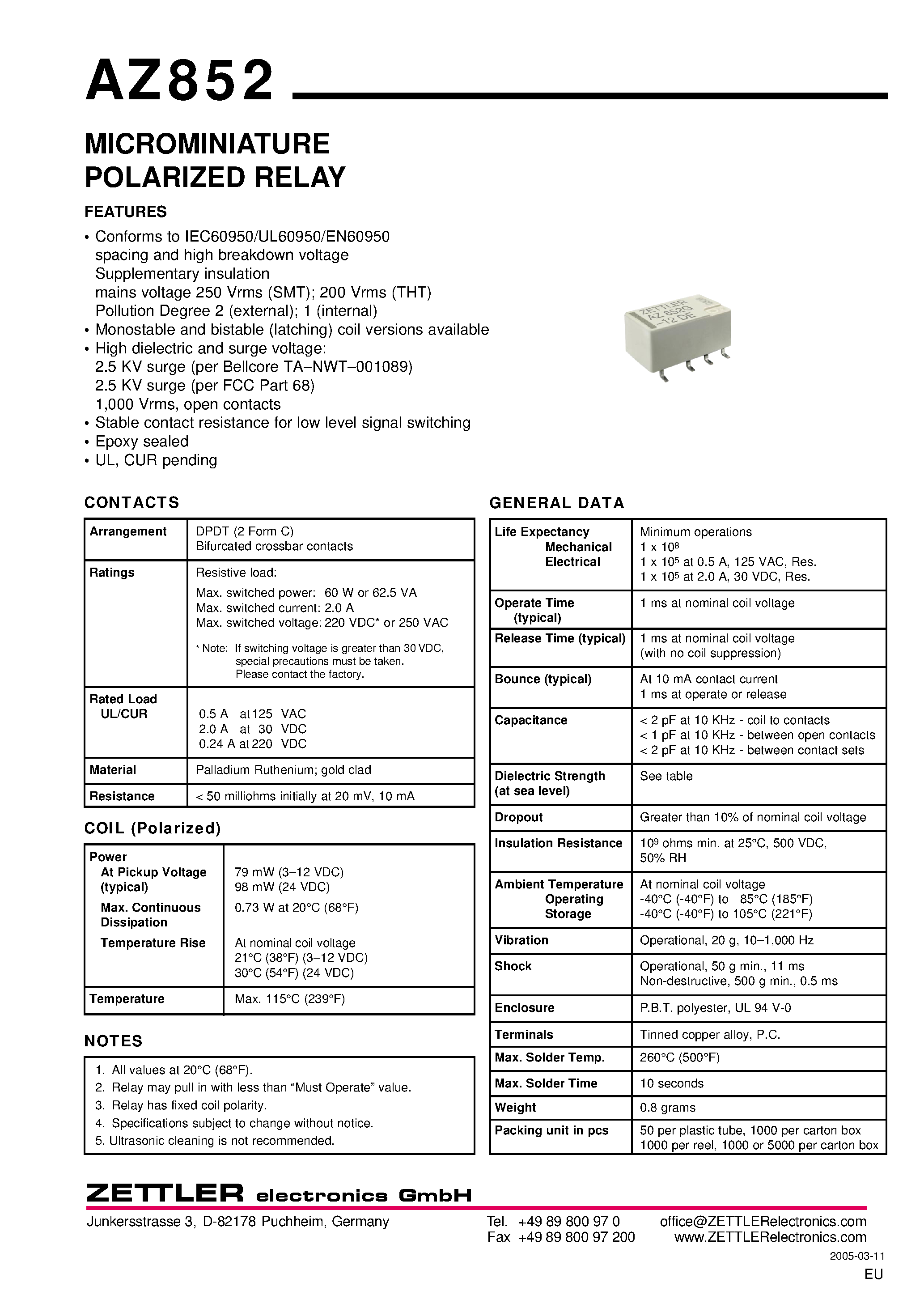 Даташит на микросхему AZ852 страница 1 Даташит AZ852 - MICROMINIATURE POLARIZED RELAY страница 1