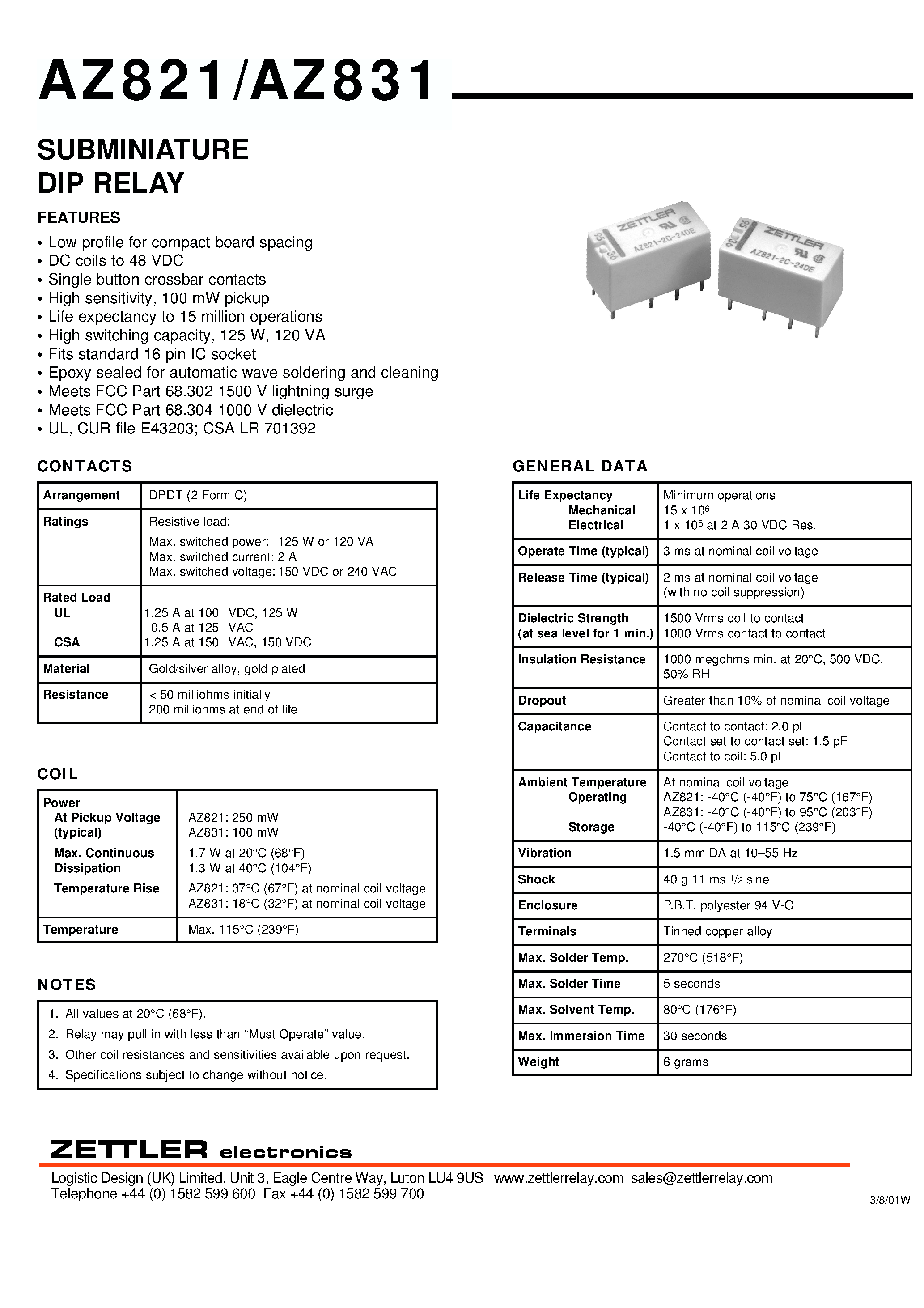 Даташит на микросхему AZ821 страница 1 Даташит AZ821 - (AZ831 / AZ821) SUBMINIATURE DIP RELAY страница 1