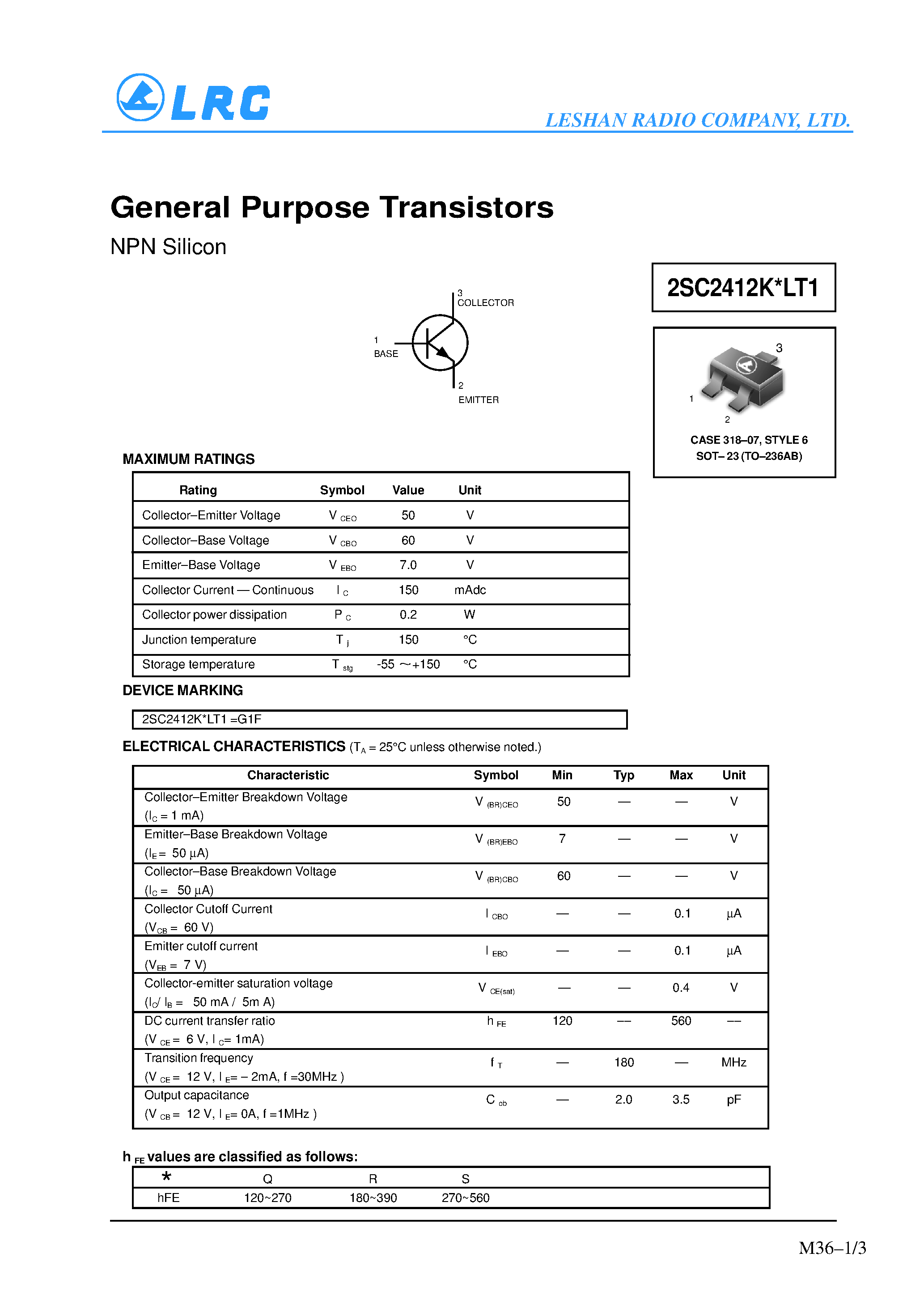 Datasheet 2SC2412KLT1 - General Purpose Transistors(NPN Silicon) page 1