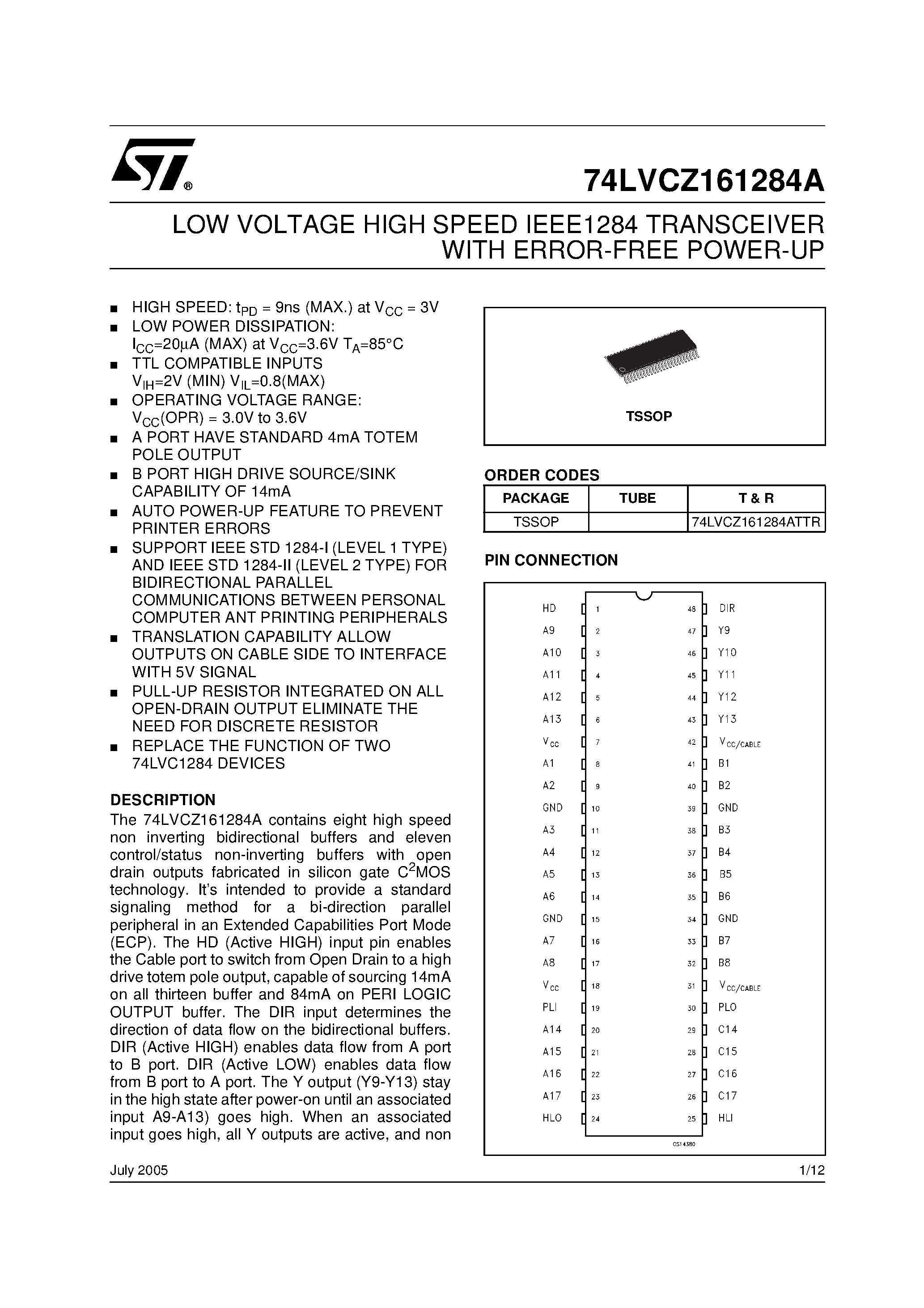 Datasheet 74LVCZ161284A - LOW VOLTAGE HIGH SPEED IEEE 1284 TRANSCEIVER WITH ERROR-FREE POWER-UP page 1