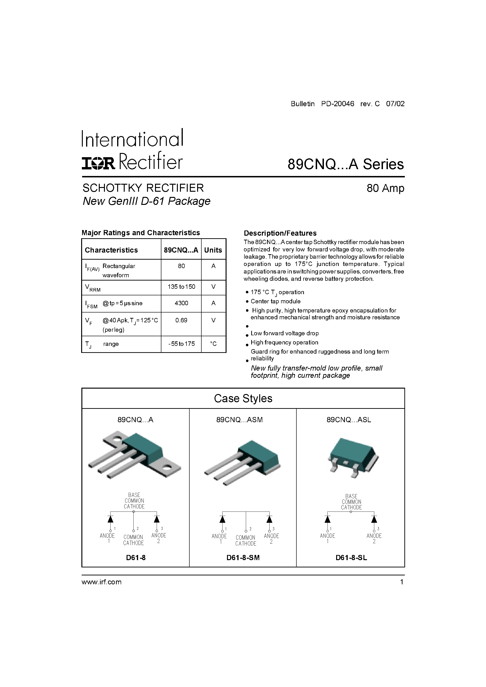 Datasheet 89CNQ - SCHOTTKY RECTIFIER page 1