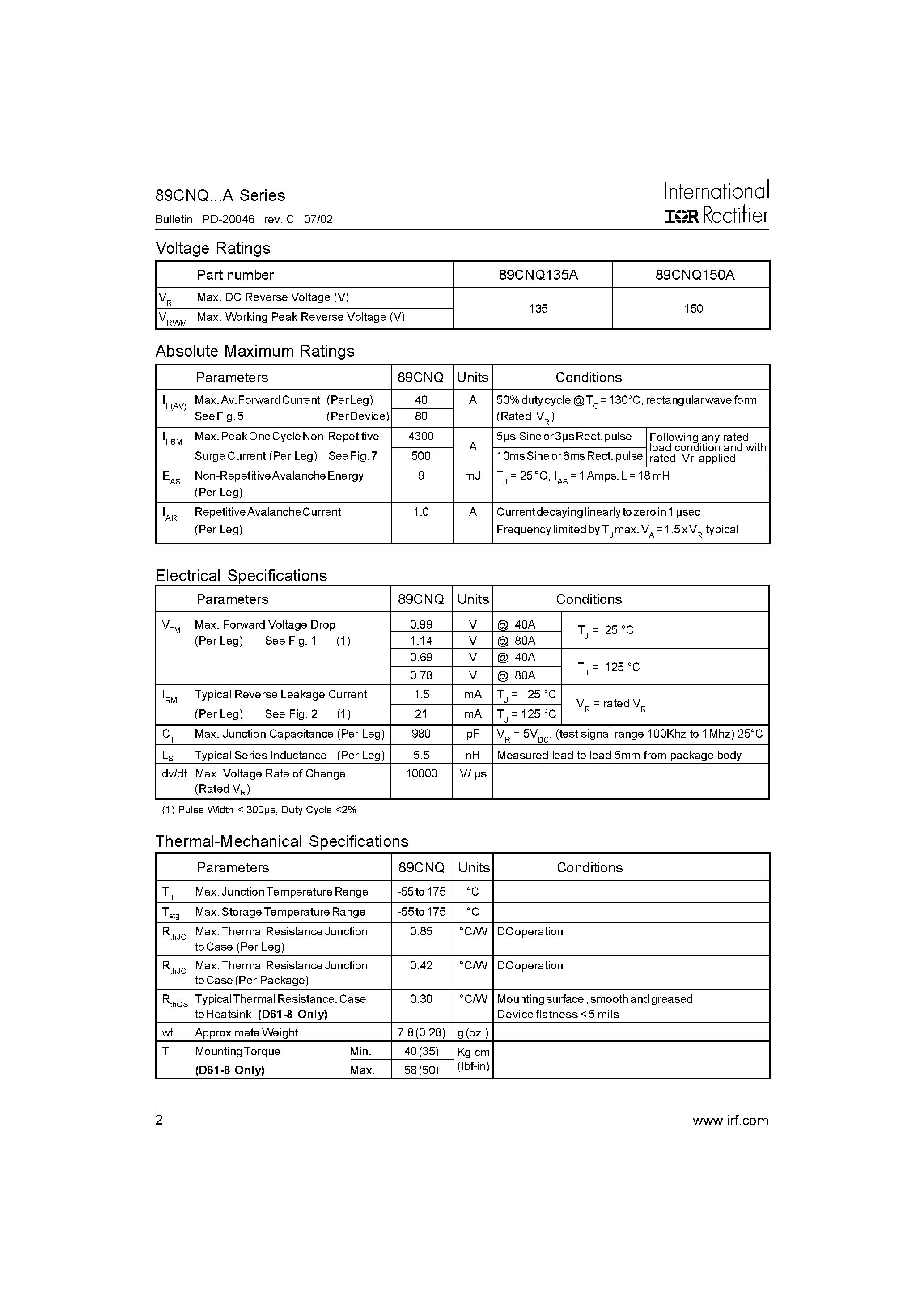Datasheet 89CNQ - SCHOTTKY RECTIFIER page 2