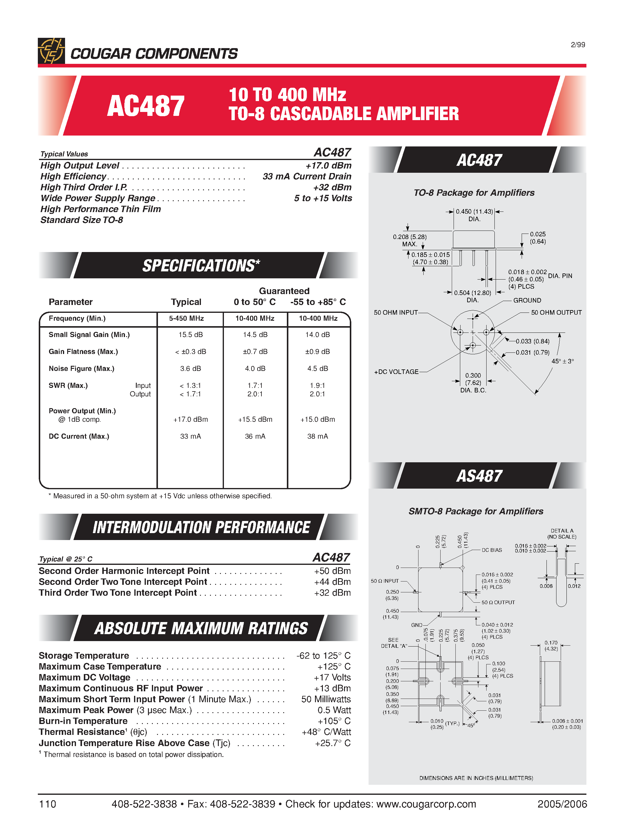 Даташит на микросхему AC487 страница 1 Даташит AC487 - 10 TO 400 MHz TO-8 CASCADABLE AMPLIFIER страница 1