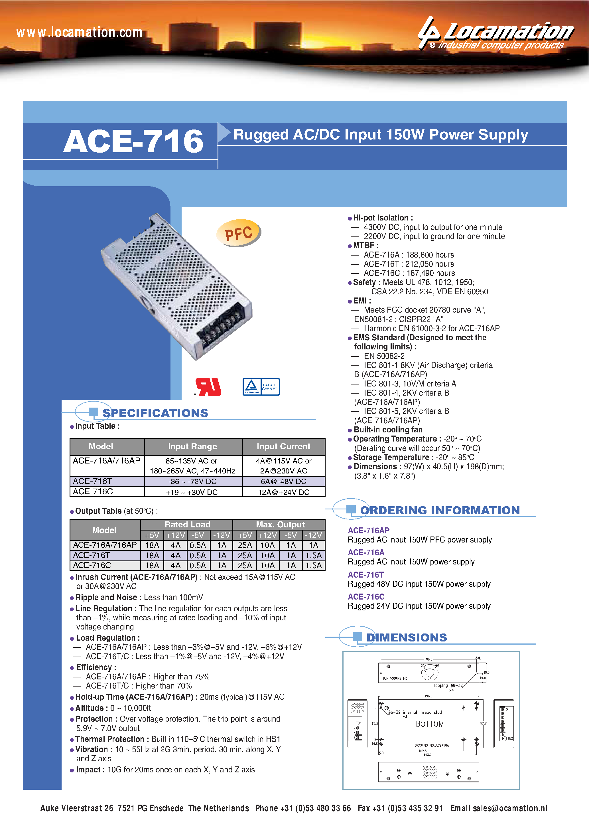Даташит ACE-716 - RUGGED AC/DC INPUT 150W POWER SUPPLY страница 1