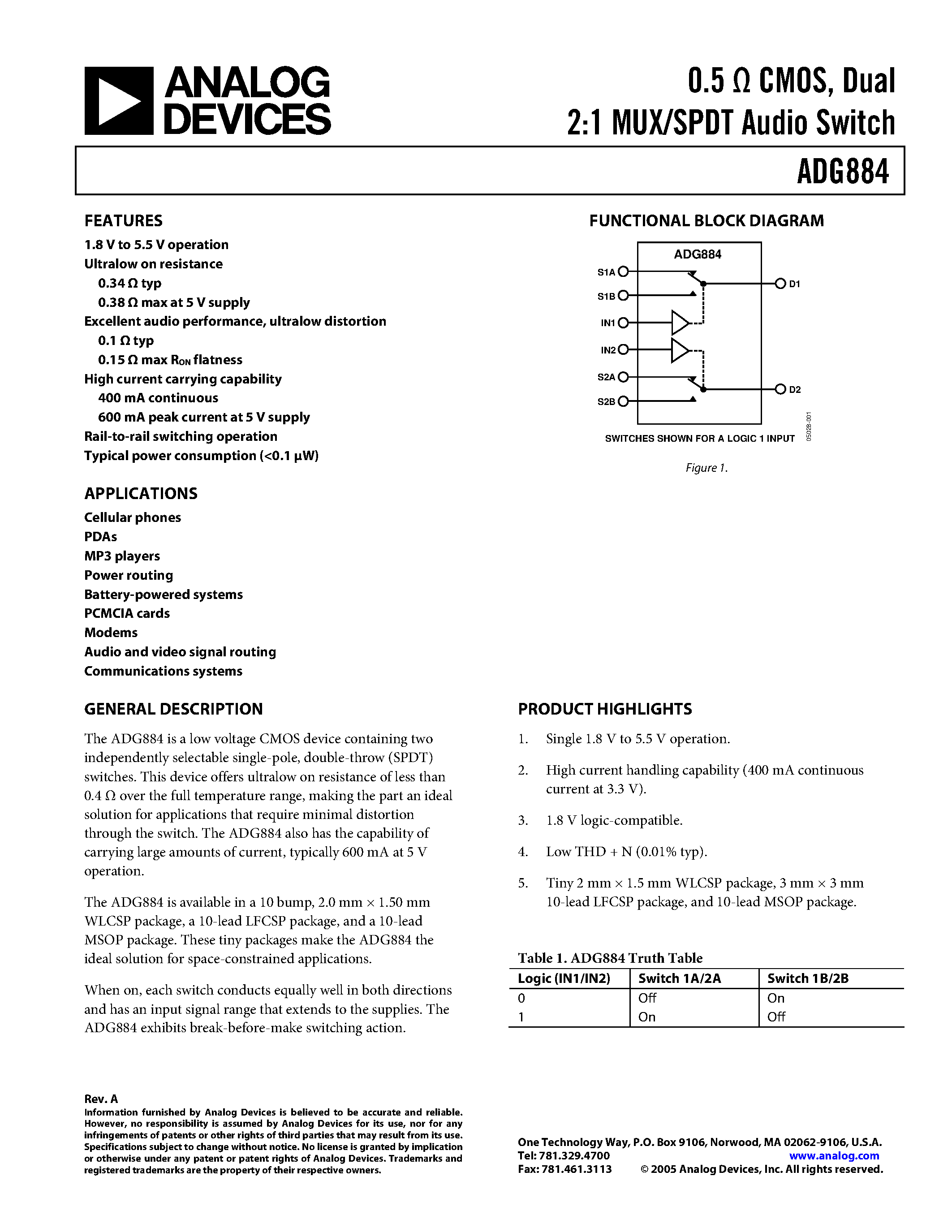 Даташит ADG884 - DUAL 2:1 MUX/SPDT AUDIO SWITCH страница 1
