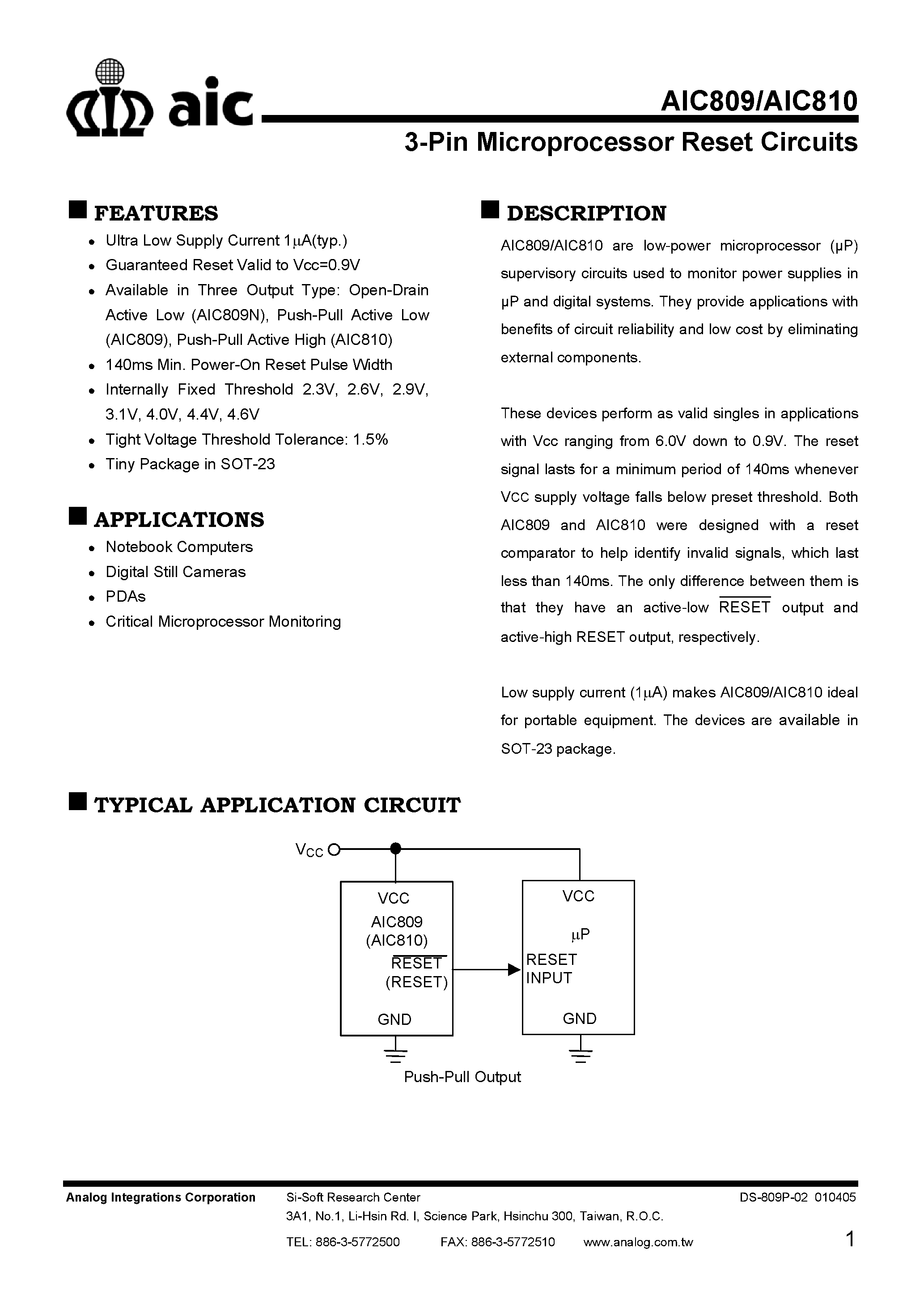 Datasheet AIC809 page 1 Datasheet AIC809 - (AIC809 / AIC810) 3-PIN MICROPROCESSOR RESET CIRCUITS page 1