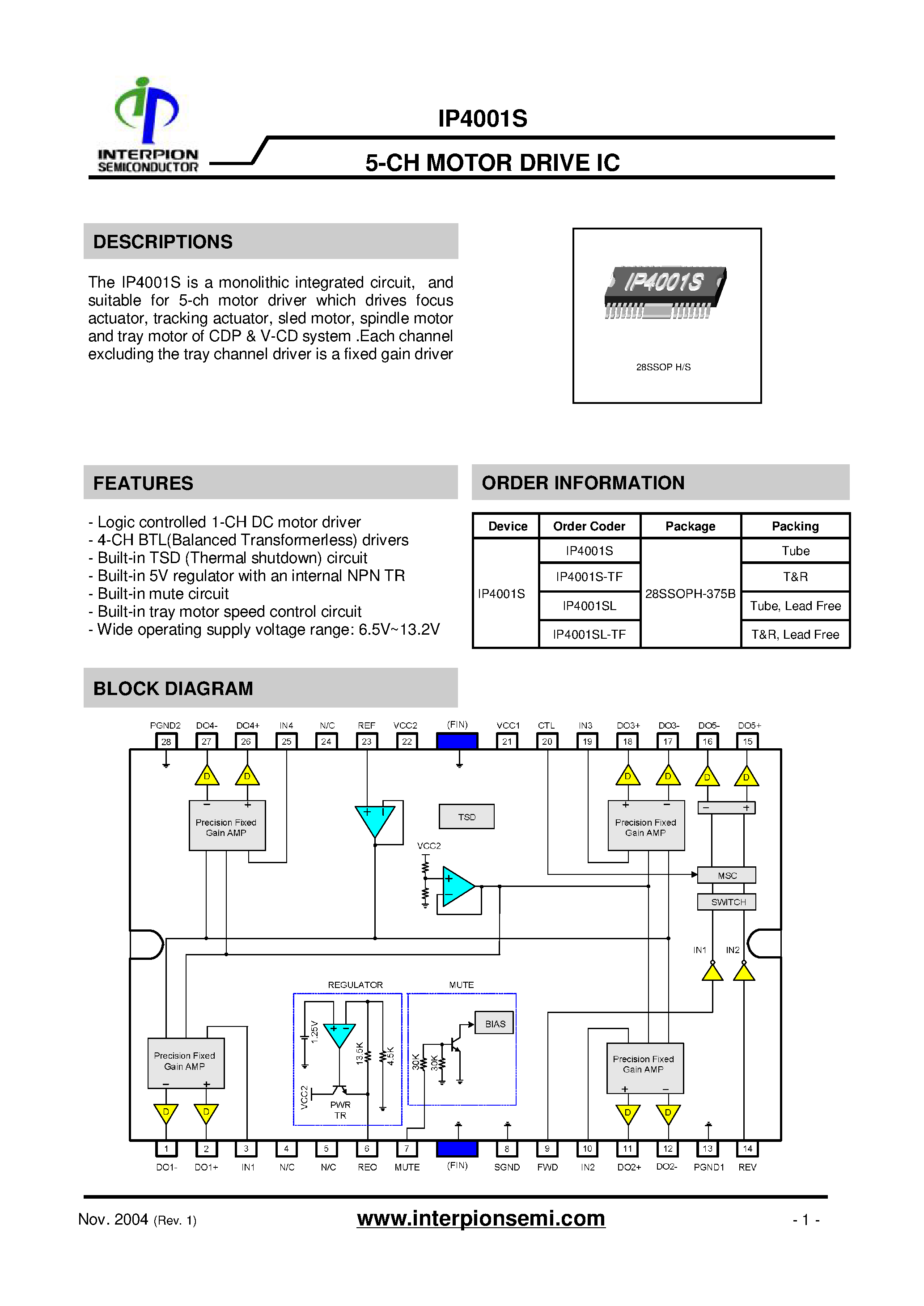 Datasheet IP4001S page 1 Datasheet IP4001S - 5-CH Motor Driver IC page 1