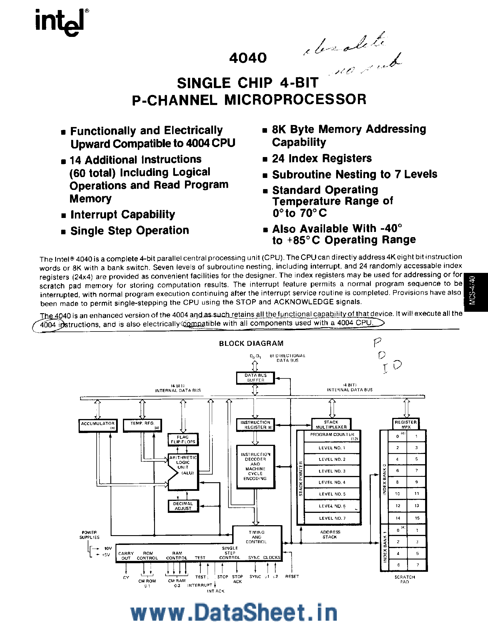 Datasheet P4040 - Single-Chip 4-Bit P-Channel Microprocessor page 1