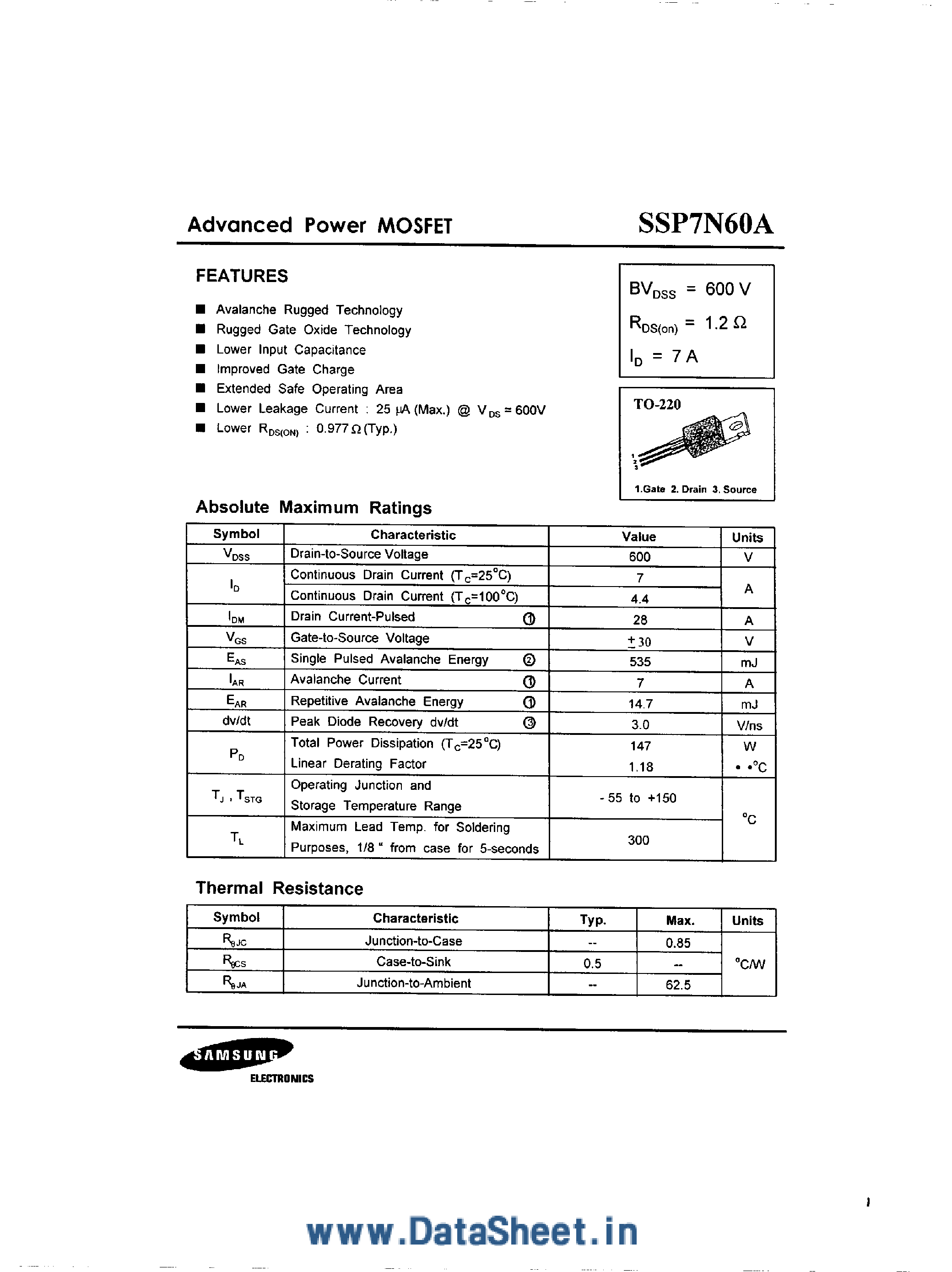 Datasheet SSP7N60A page 1 Datasheet SSP7N60A - Advanced Power MOSFET page 1