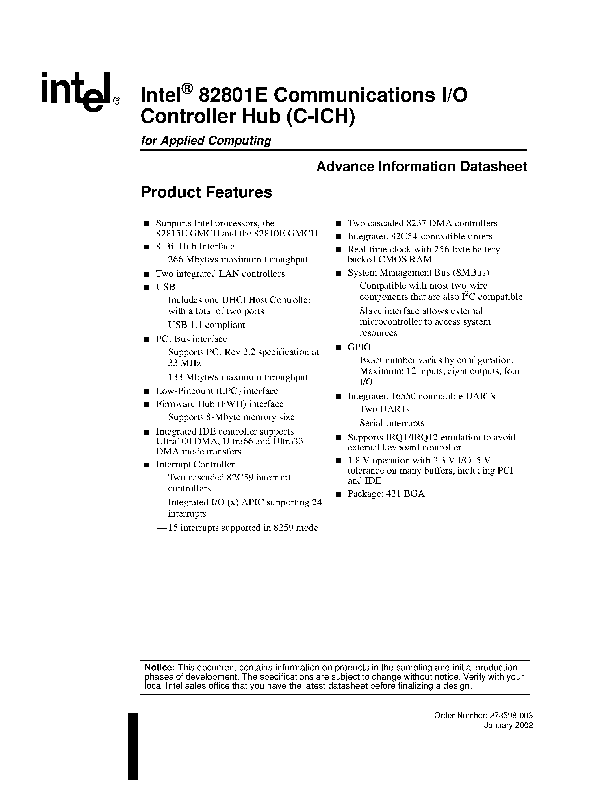 Datasheet FW82801E page 1 Datasheet FW82801E - Communications I/O Controller Hub page 1