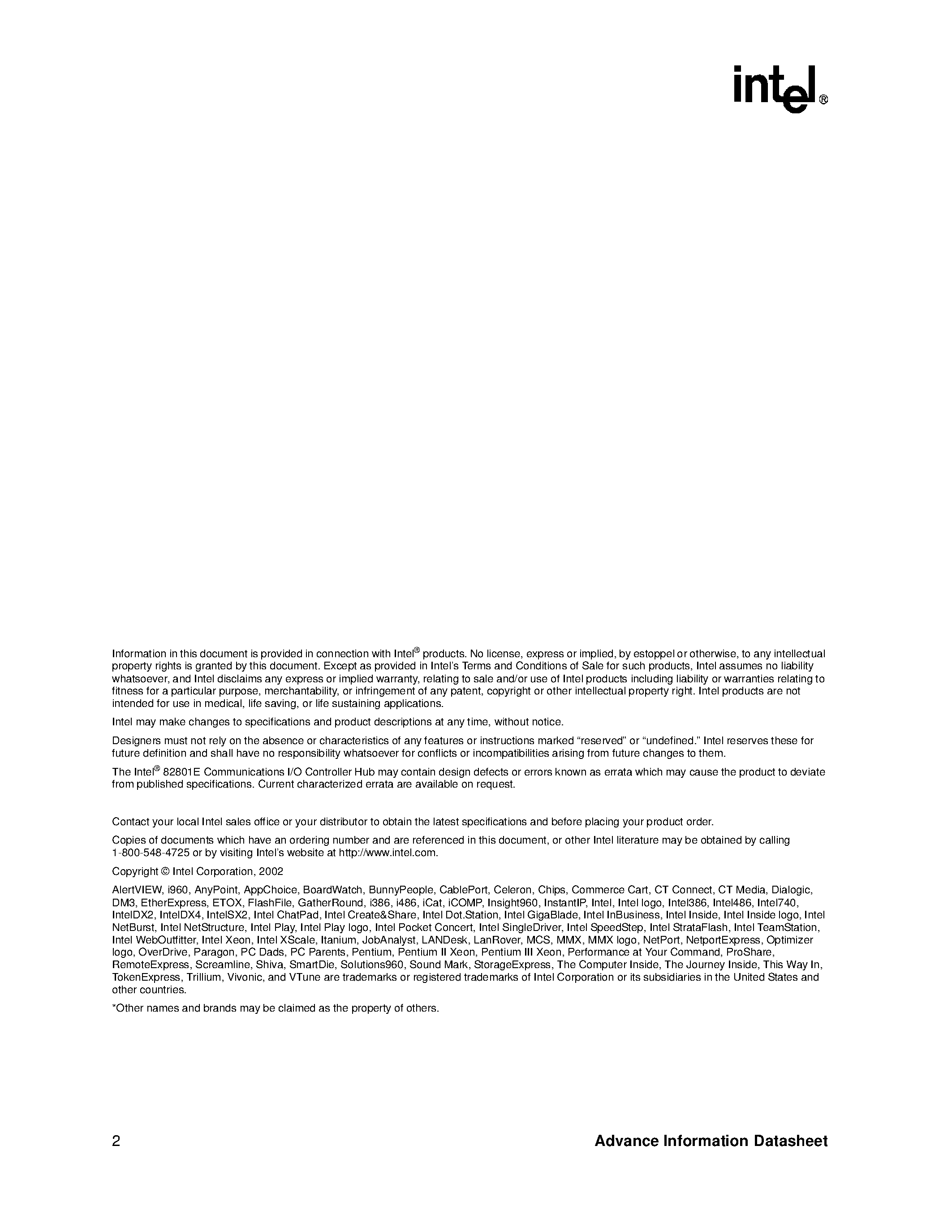 Datasheet FW82801E page 2 Datasheet FW82801E - Communications I/O Controller Hub page 2