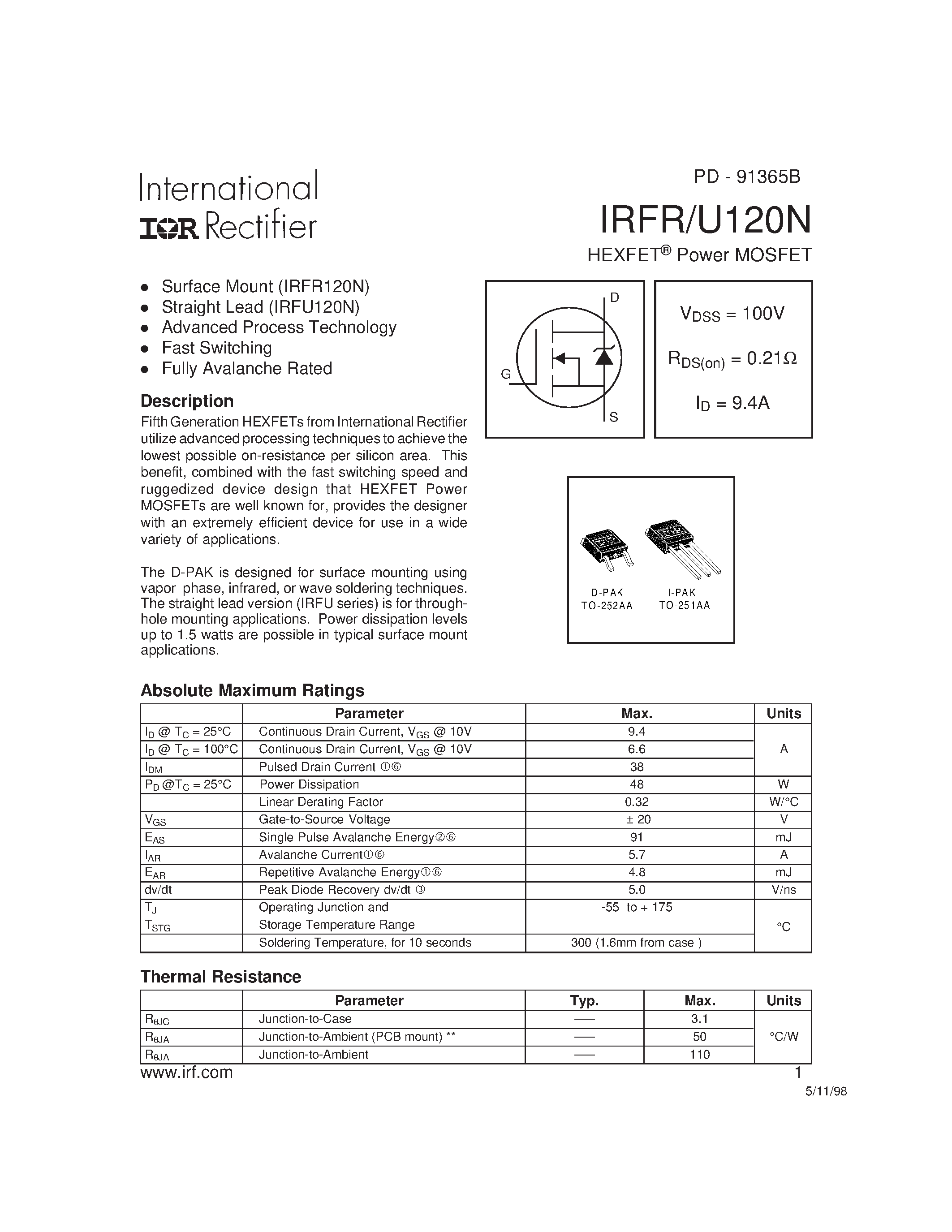 Datasheet IRFR120N page 1 Datasheet IRFR120N - (IRFR120N / IRFU120N) HEXFET Power MOSFET page 1