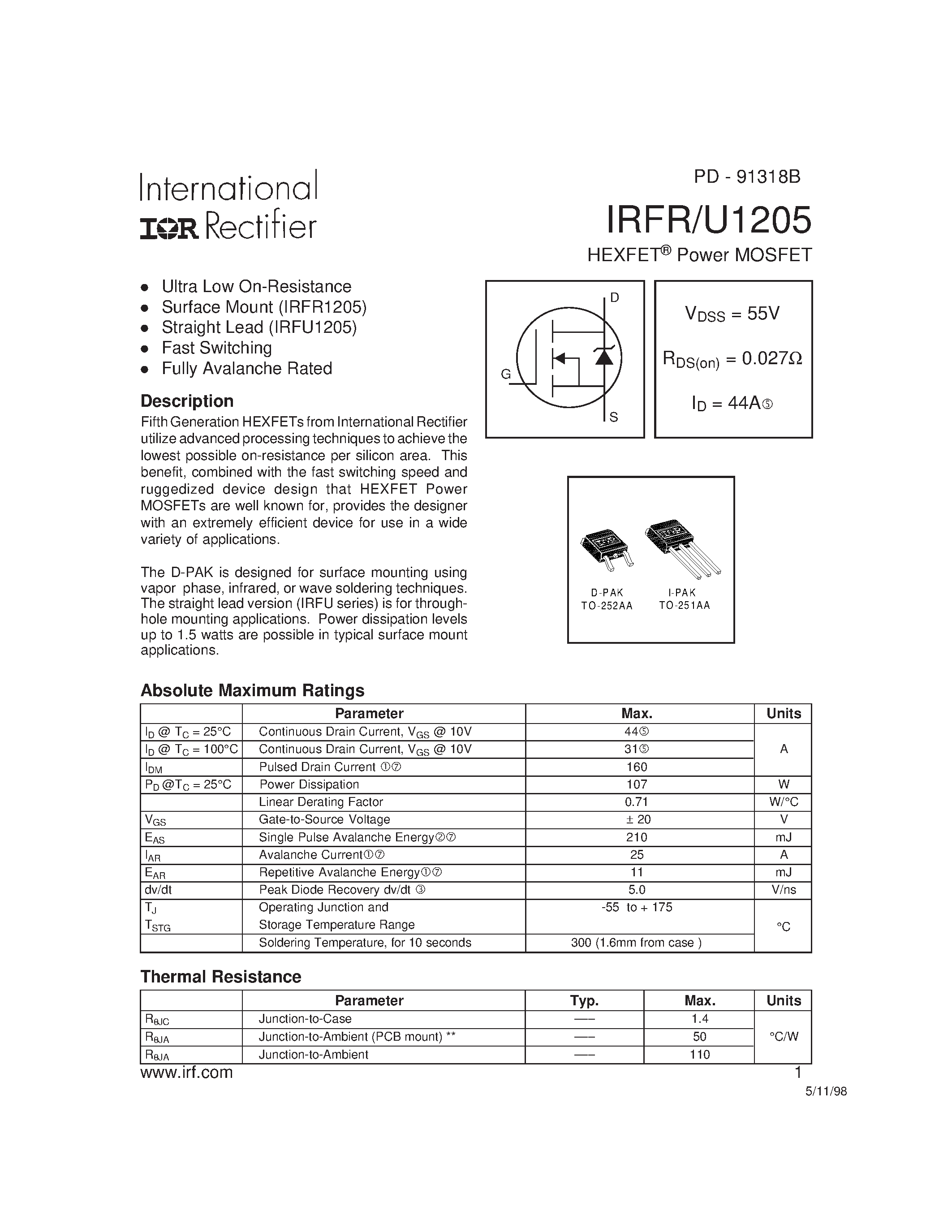 Datasheet IRFR1205 page 1 Datasheet IRFR1205 - (IRFR1205 / IRFU1205) Power MOSFET page 1