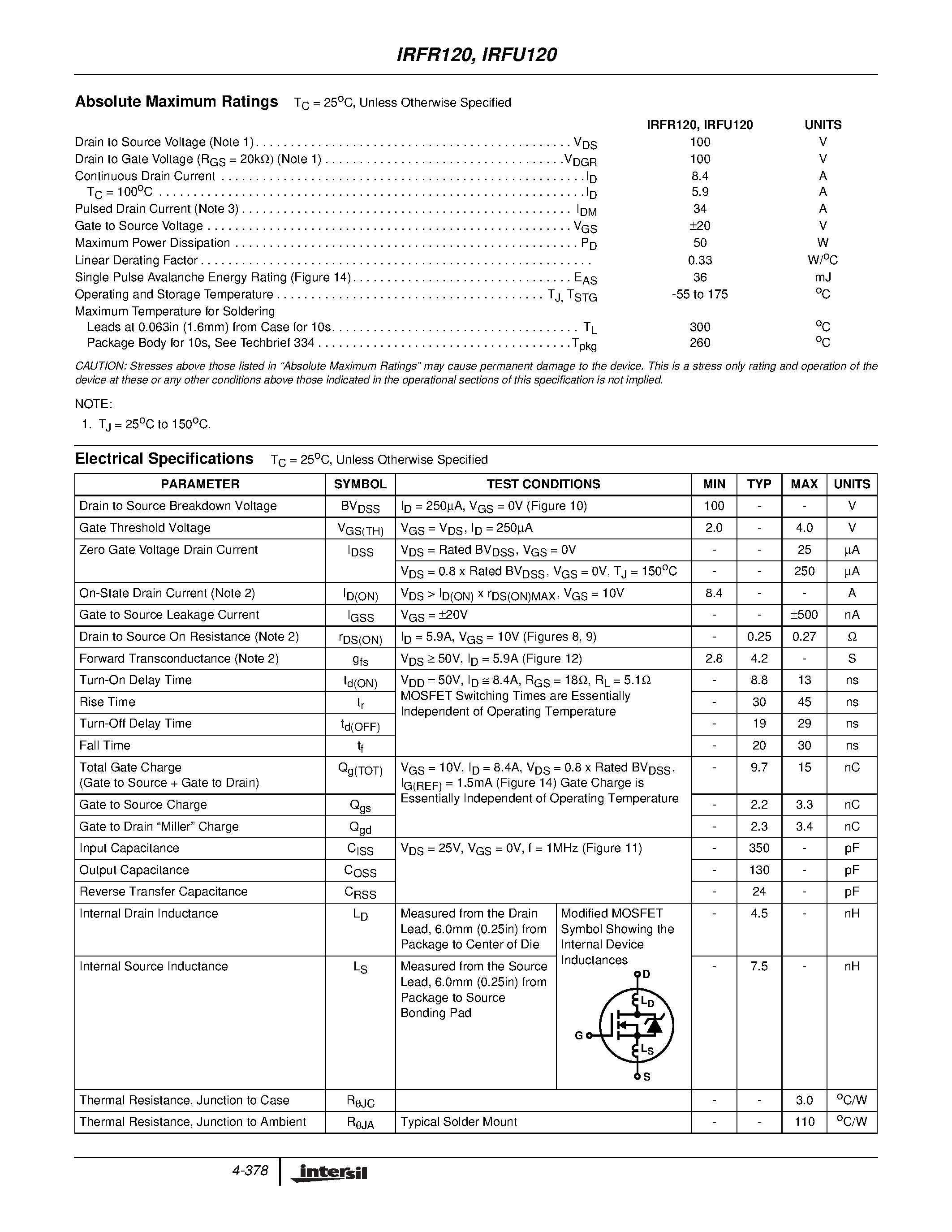 Datasheet IRFR120 page 2 Datasheet IRFR120 - (IRFR120 / IRFU120) N-Channel Power MOSFETs page 2