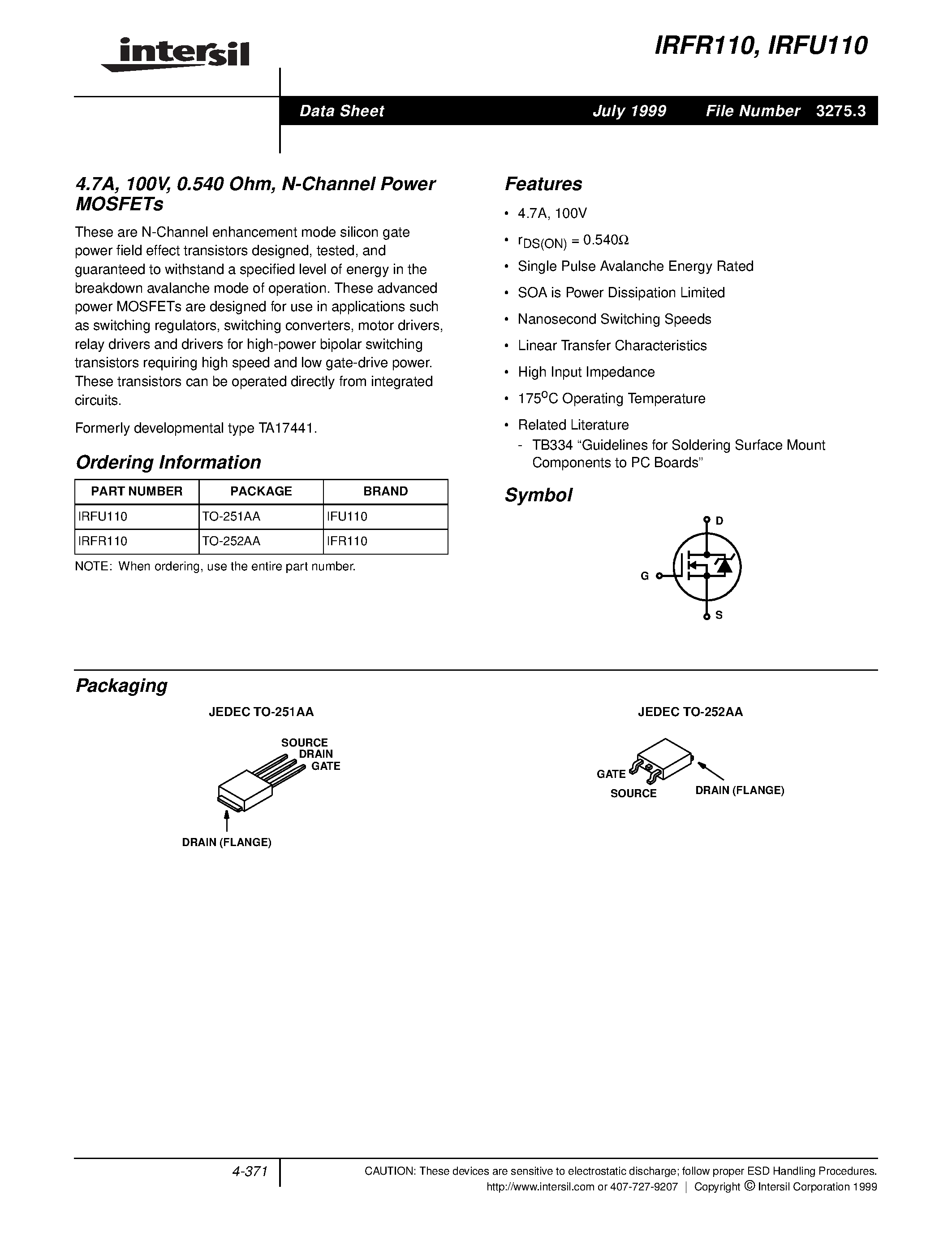 Datasheet IRFR110 - (IRFR110 / IRFU110) N-Channel Power MOSFETs page 1