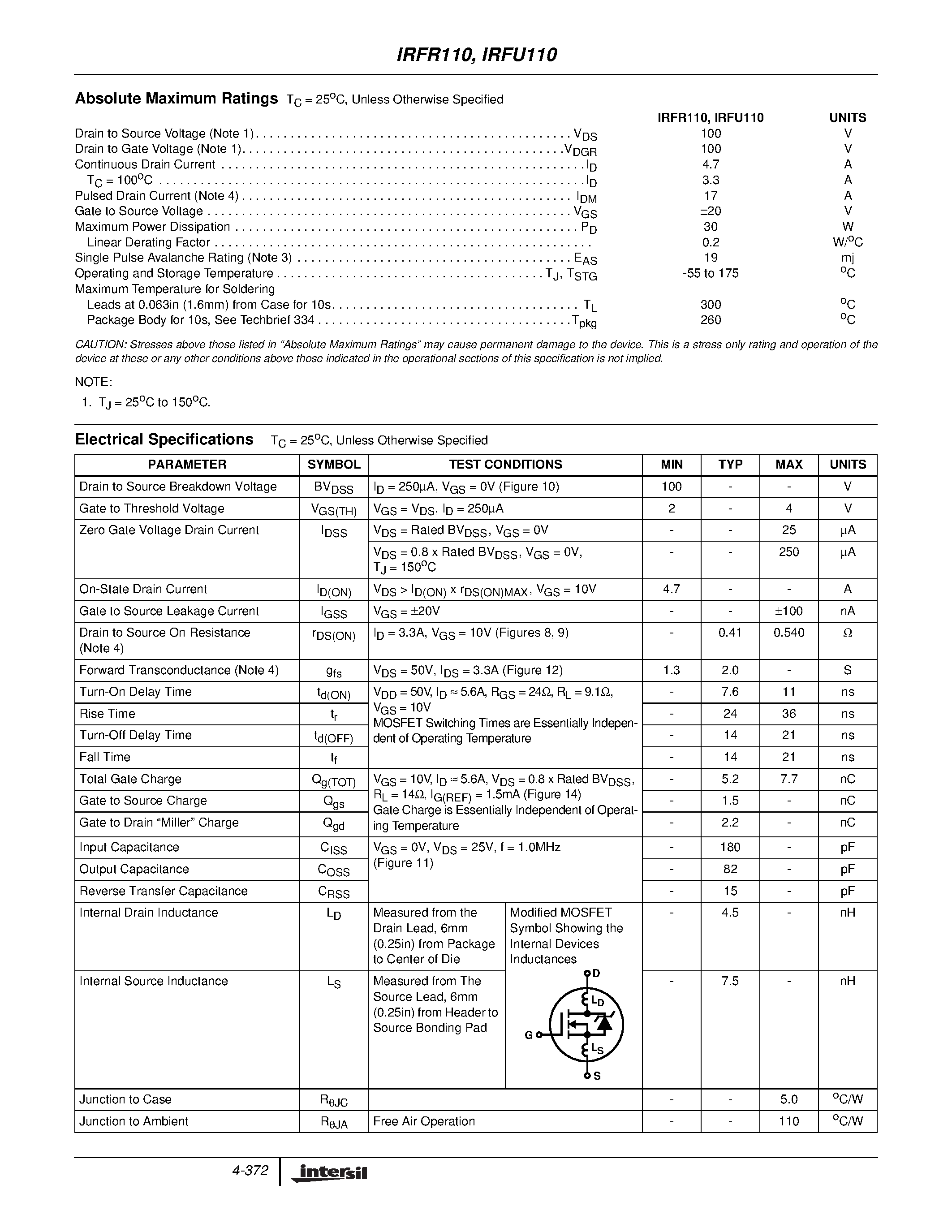 Datasheet IRFR110 - (IRFR110 / IRFU110) N-Channel Power MOSFETs page 2