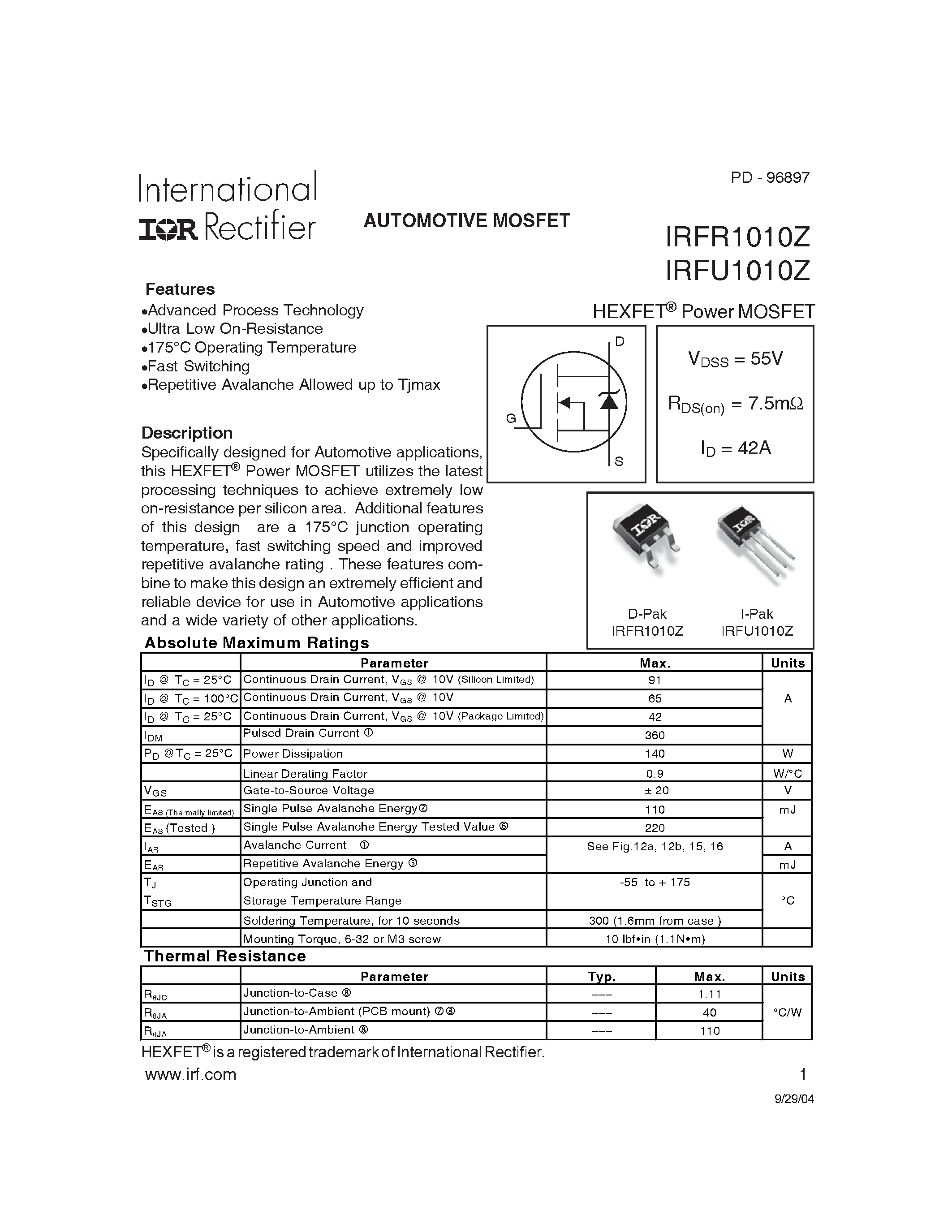 Datasheet IRFR1010Z page 1 Datasheet IRFR1010Z - (IRFR1010Z / IRFU1010Z) AUTOMOTIVE MOSFET page 1