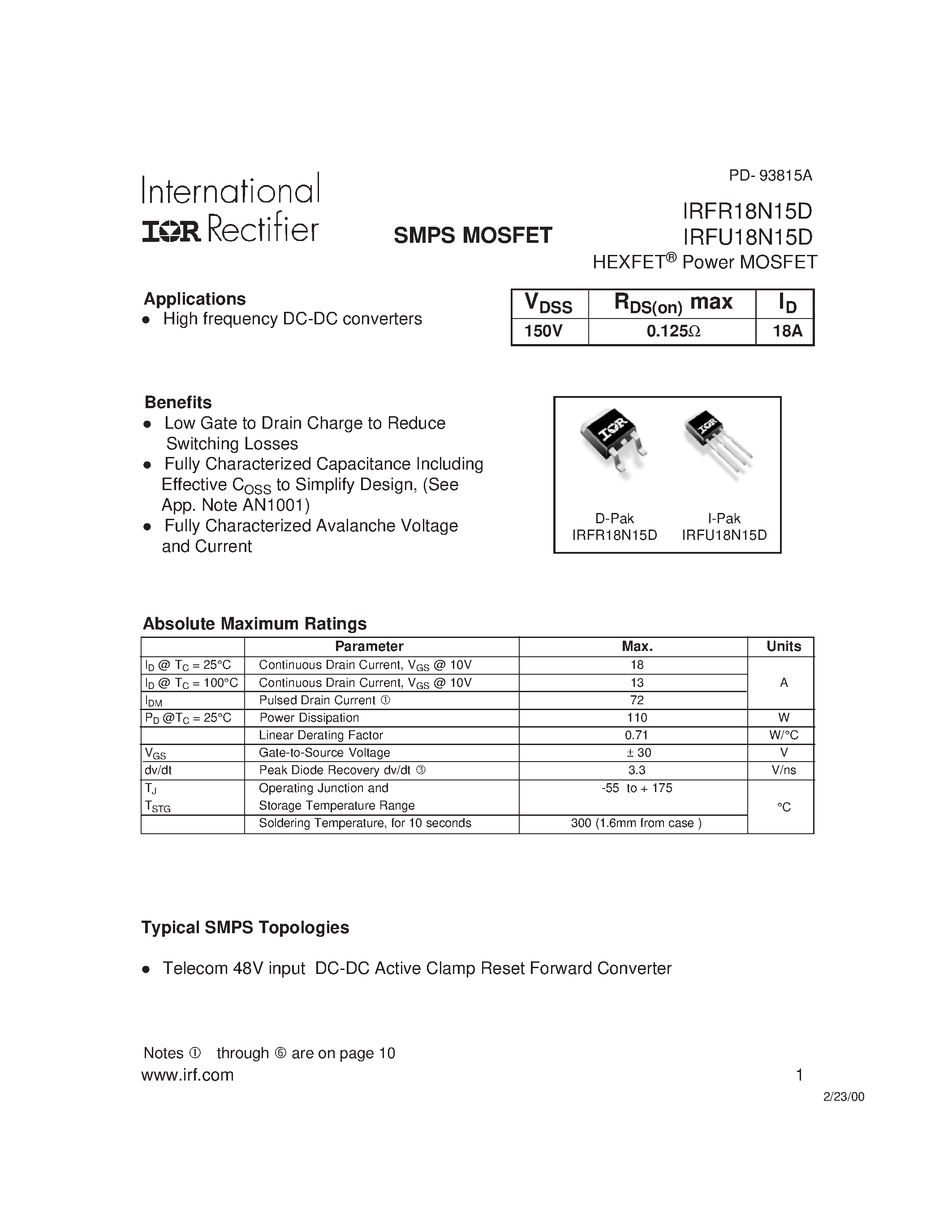 Datasheet IRFR18N15D page 1 Datasheet IRFR18N15D - (IRFR18N15D / IRFU18N15D) SMPS MOSFET page 1