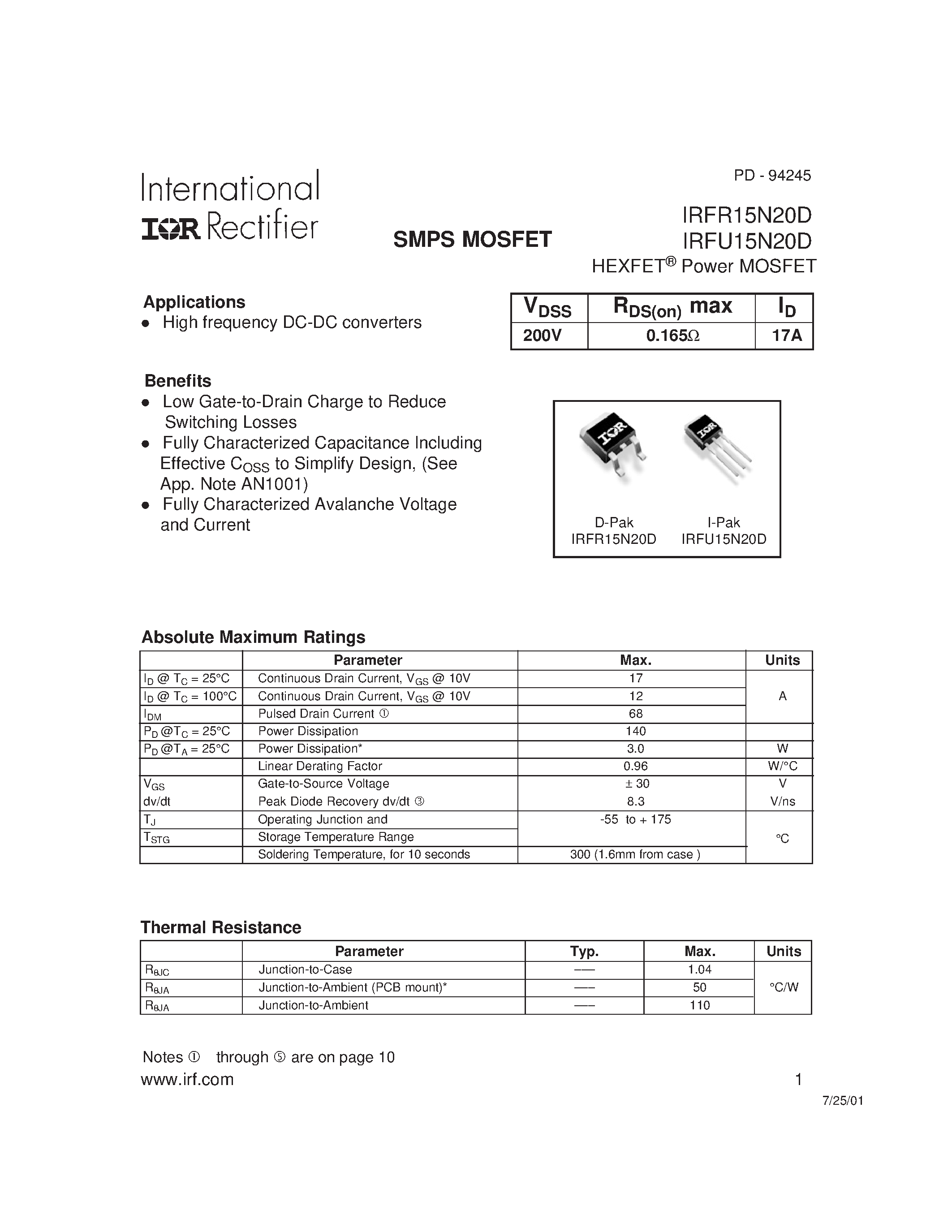 Datasheet IRFR15N20D page 1 Datasheet IRFR15N20D - (IRFR15N20D / IRFU15N20D) SMPS MOSFET page 1